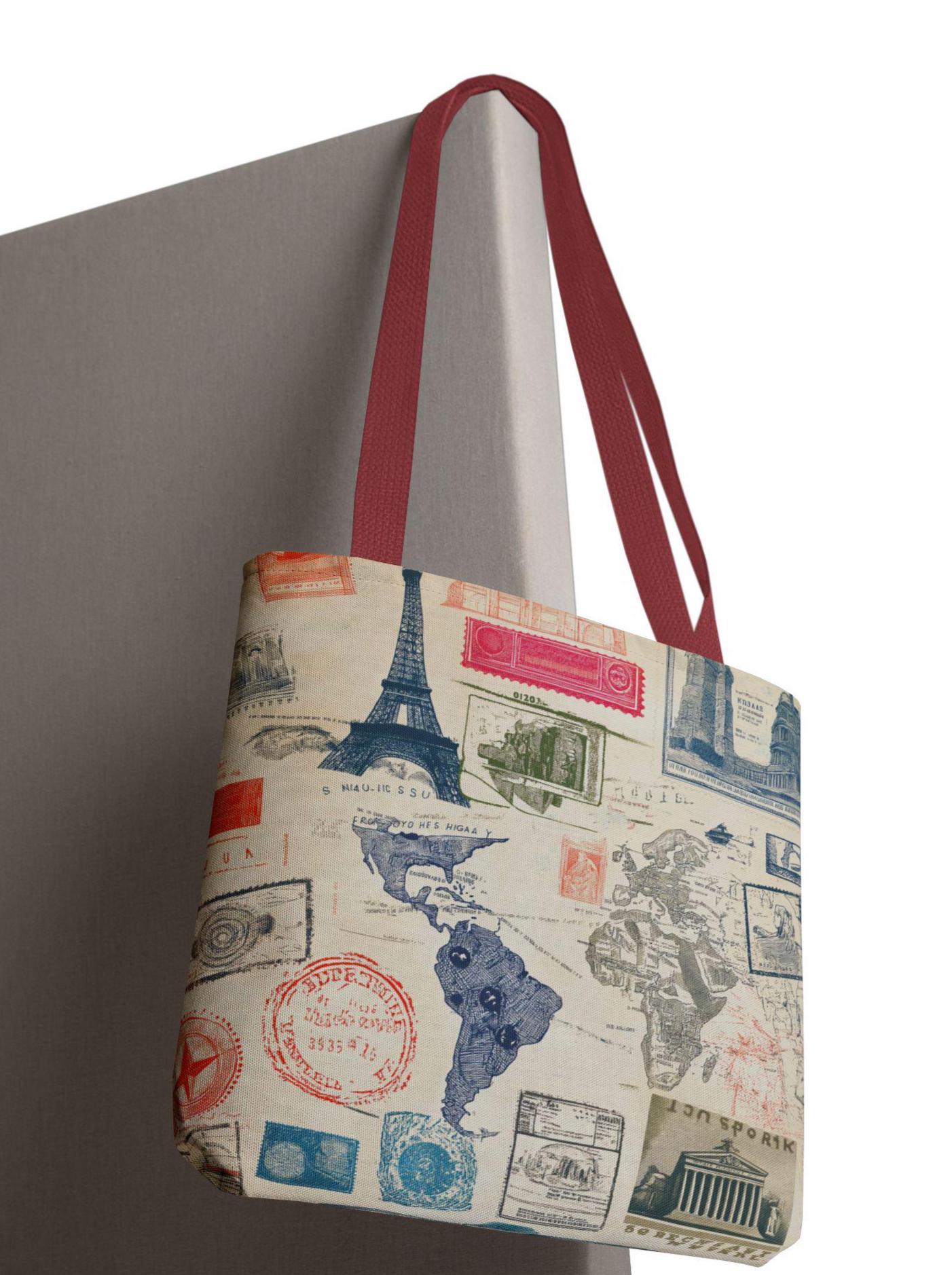 Vintage Travel Stamp Tote Bag, Artistic Boho Canvas Shoulder Bag