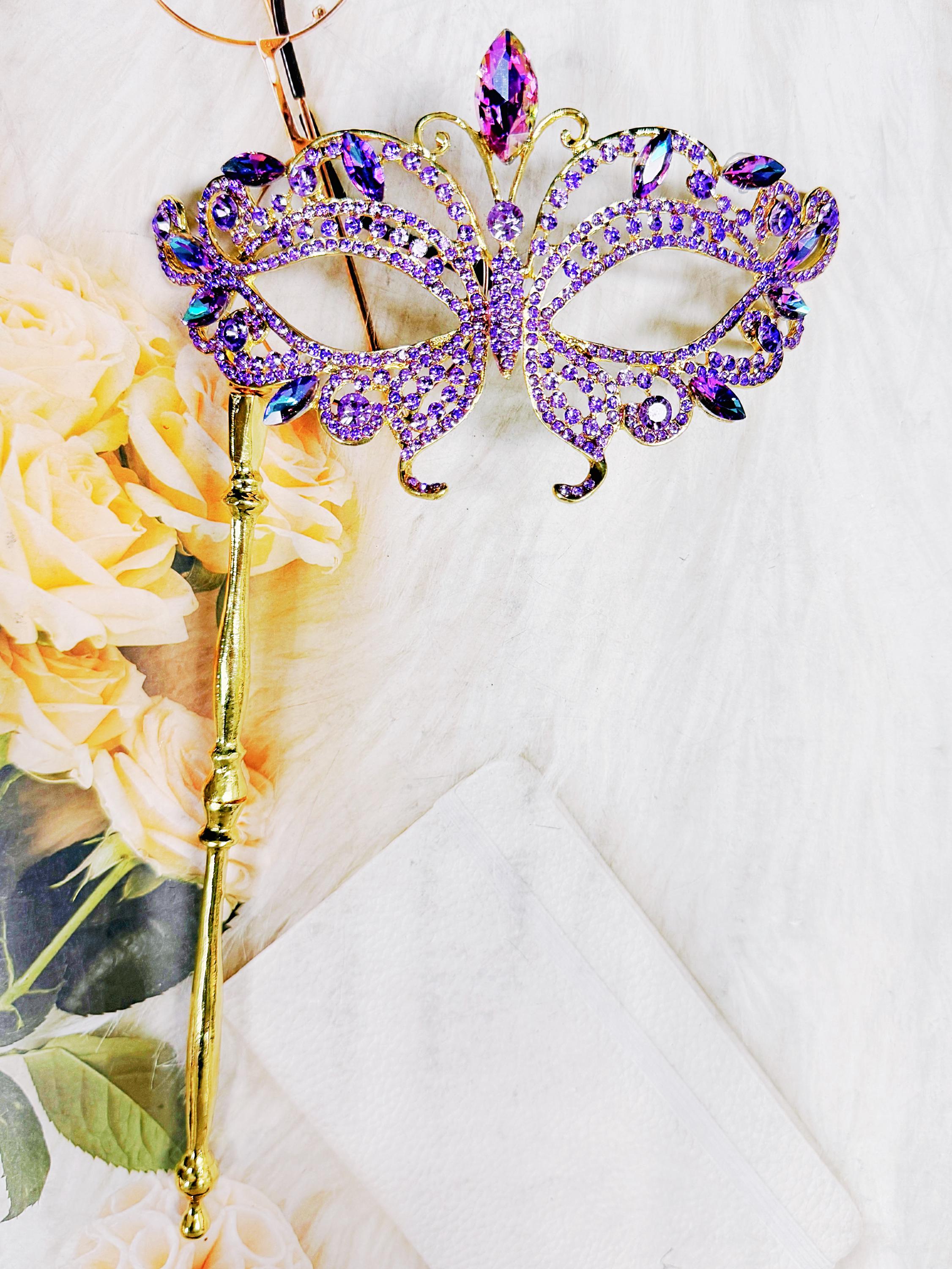 HappyJewelryWorld Purple Crystal Crystal Masquerade Mask Gold Handheld