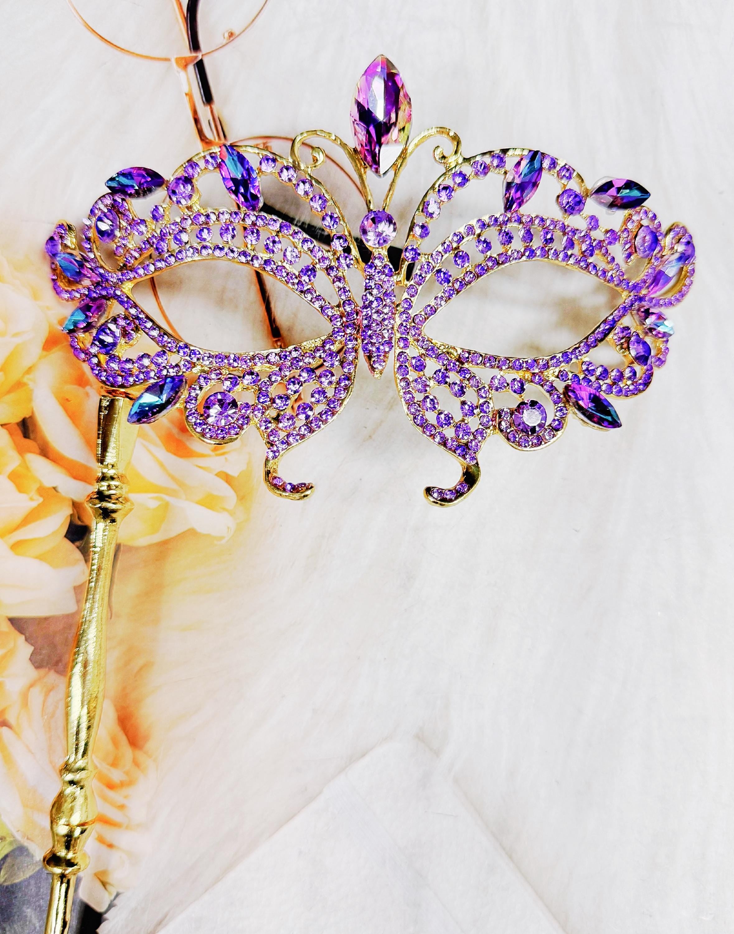 HappyJewelryWorld Purple Crystal Crystal Masquerade Mask Gold Handheld