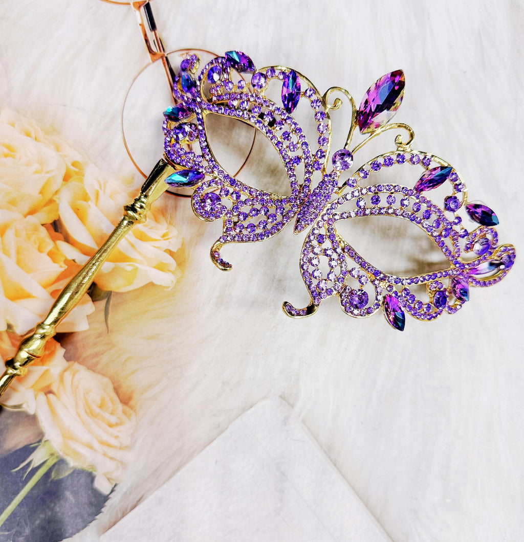 HappyJewelryWorld Purple Crystal Crystal Masquerade Mask Gold Handheld