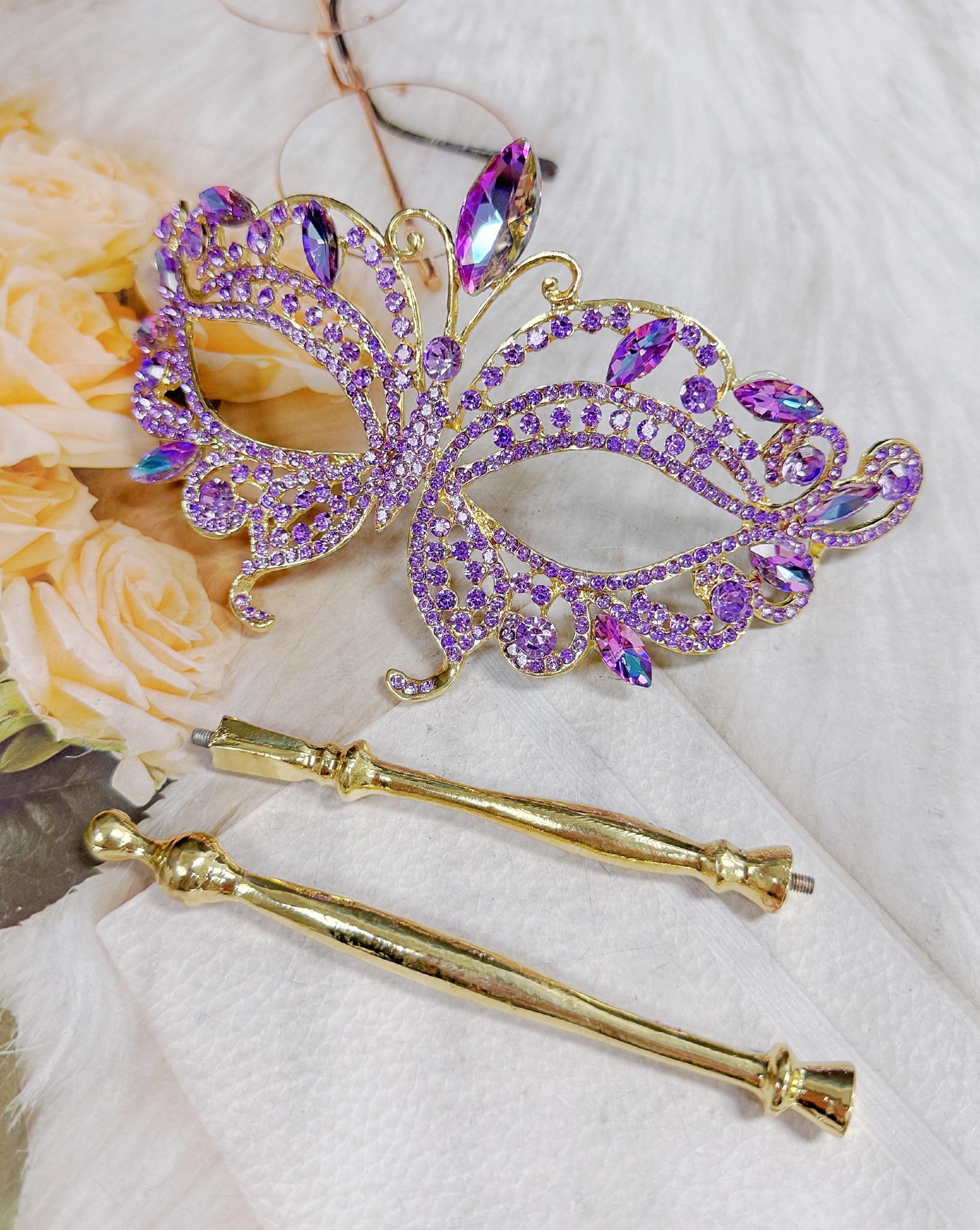 HappyJewelryWorld Purple Crystal Crystal Masquerade Mask Gold Handheld