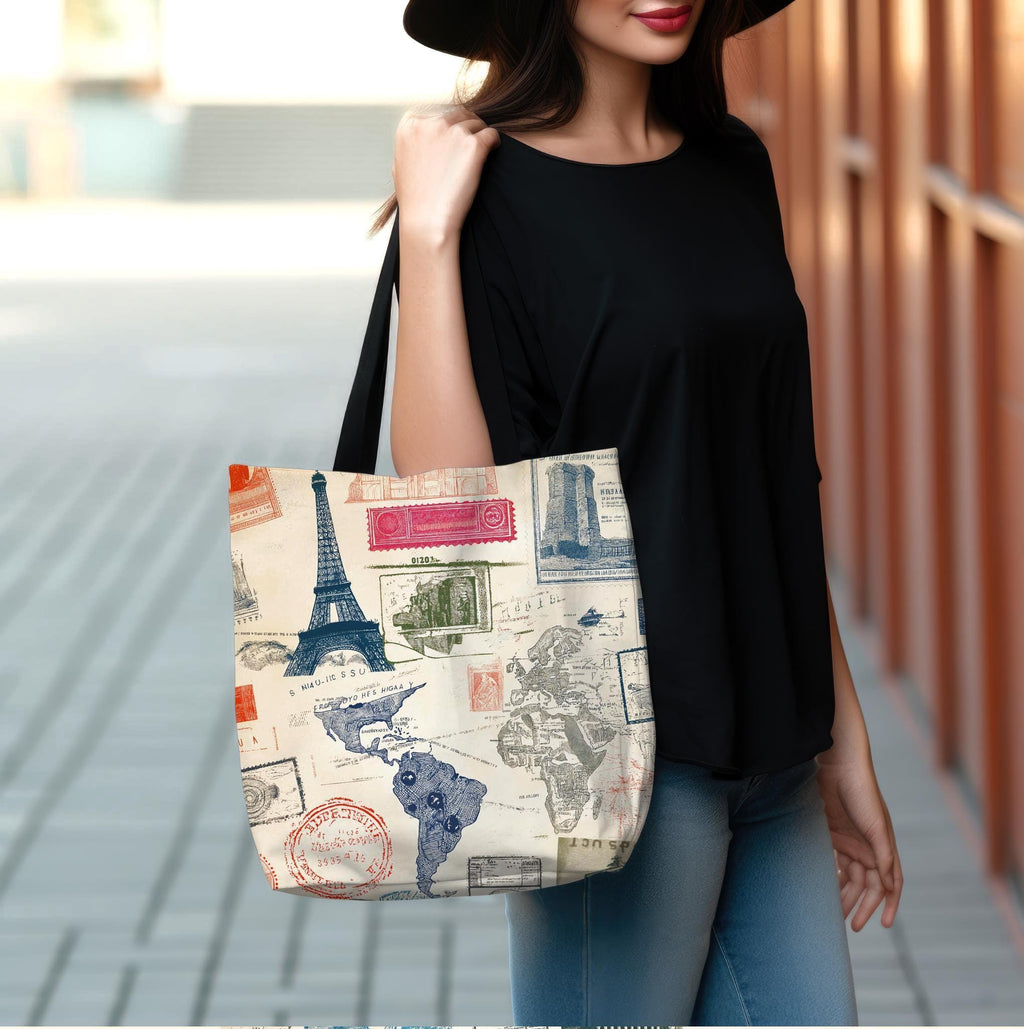 Vintage Travel Stamp Tote Bag, Artistic Boho Canvas Shoulder Bag