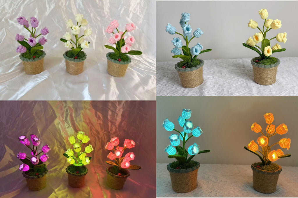 CrochetRecipe Handmade Lily of the Valley Potted Plant LED Lamp 8in White