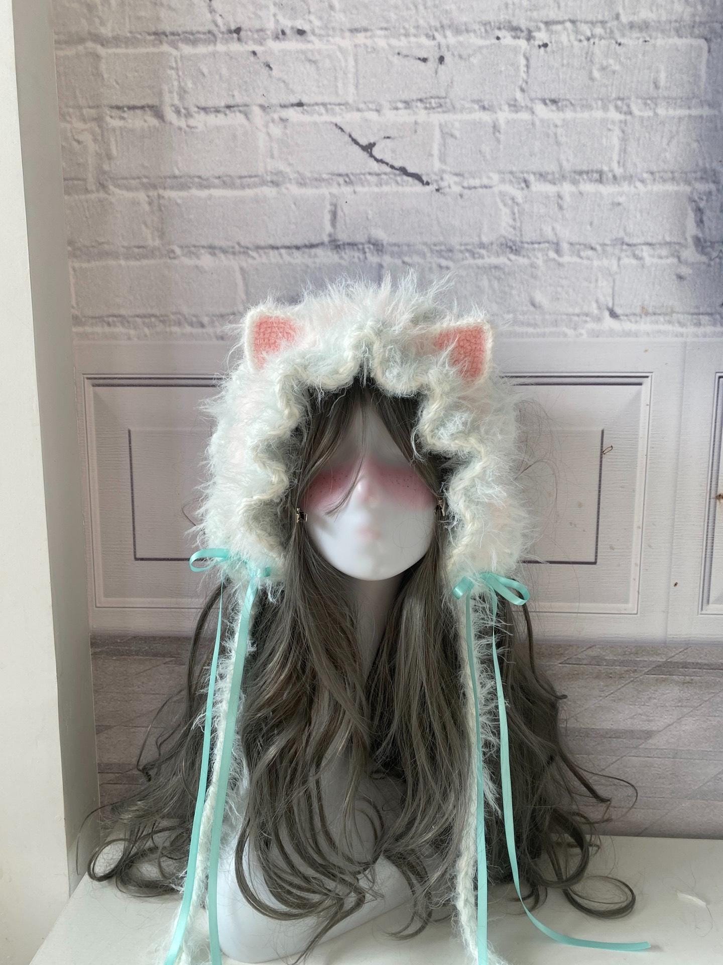 Handmade Mint Cat Ear Hood, Furry Lolita Cosplay Bonnet