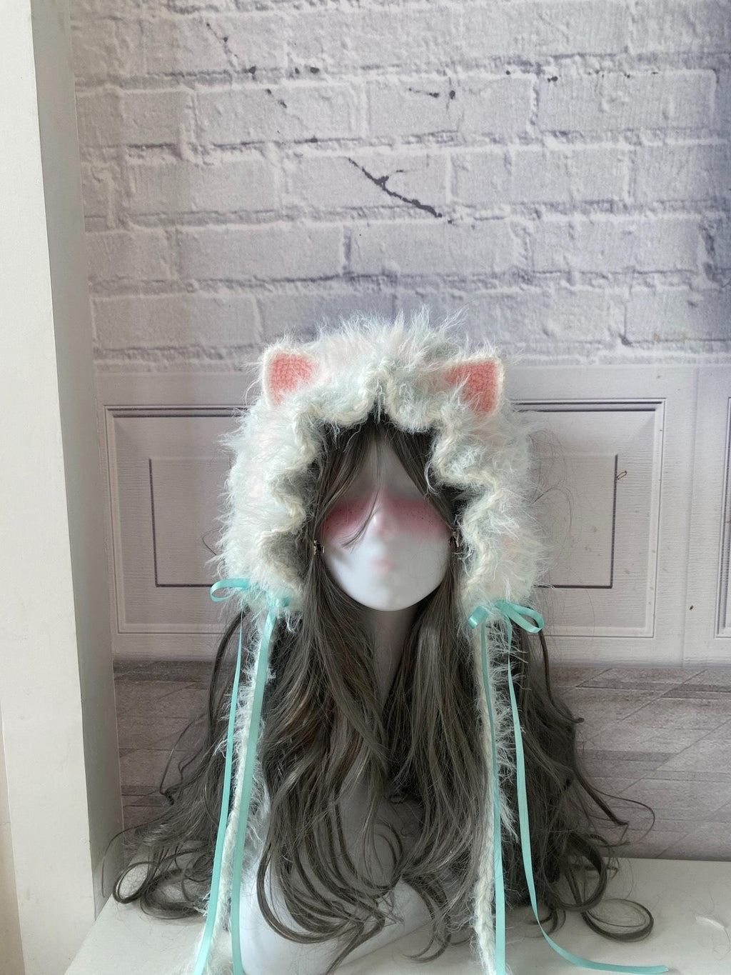 Handmade Mint Cat Ear Hood, Furry Lolita Cosplay Bonnet