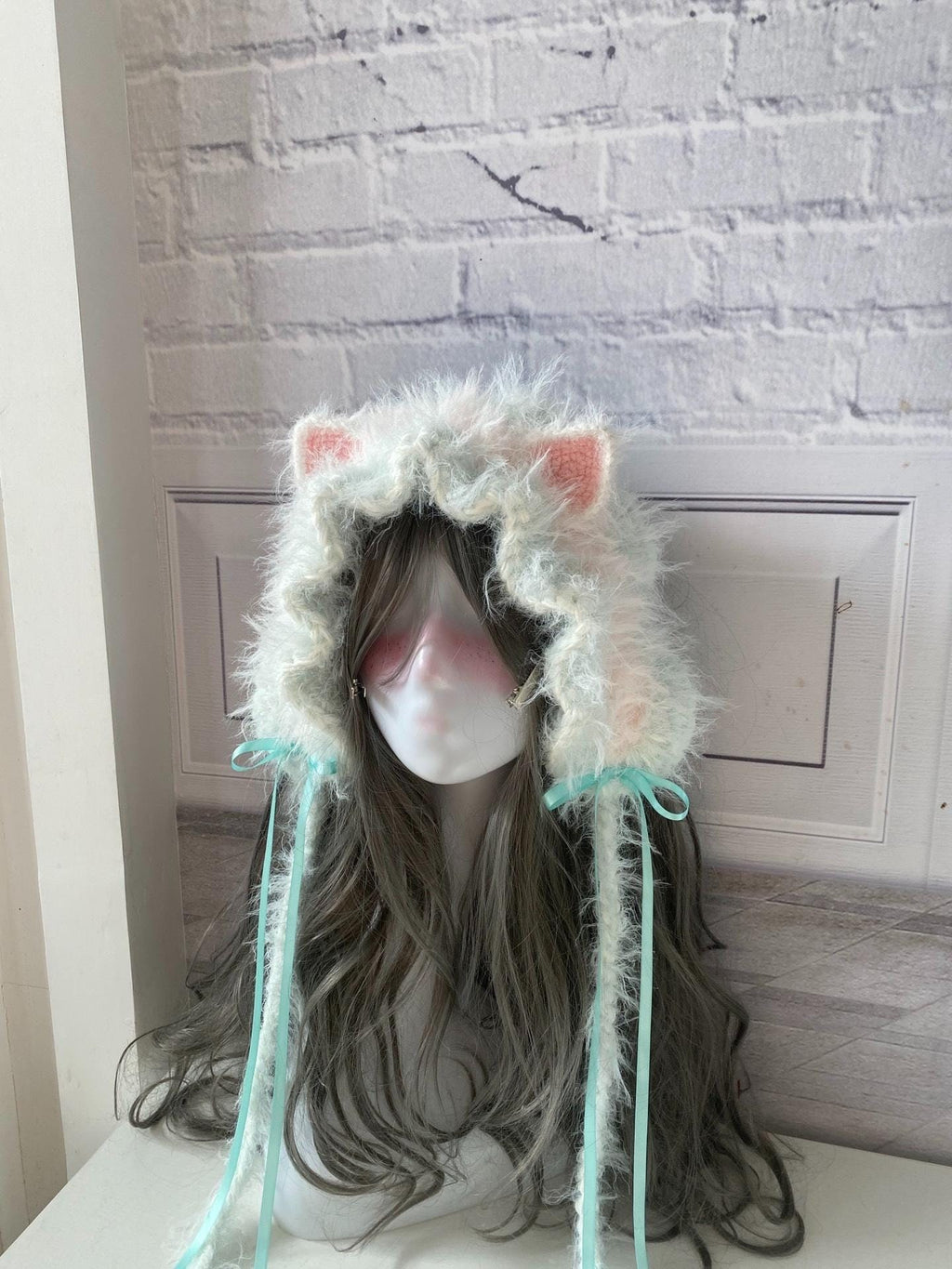 Handmade Mint Cat Ear Hood, Furry Lolita Cosplay Bonnet