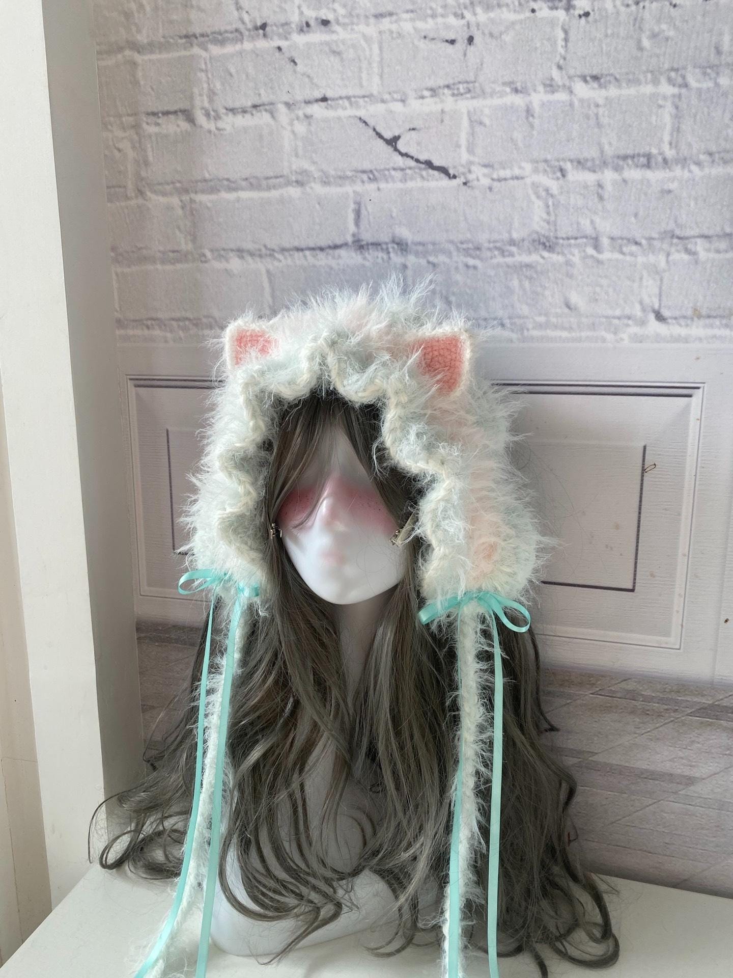 Handmade Mint Cat Ear Hood, Furry Lolita Cosplay Bonnet
