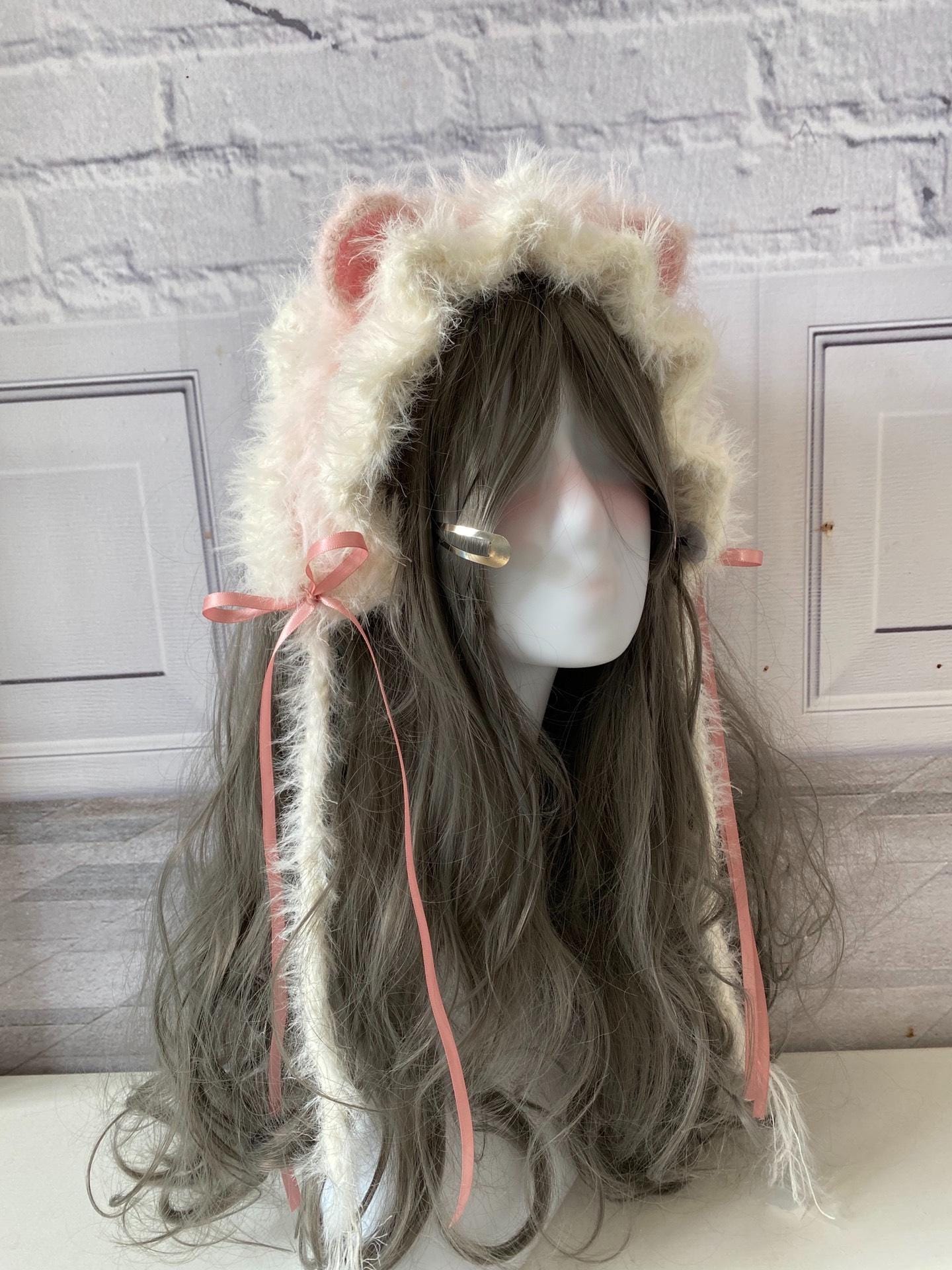 stellarPride Fluffy Pink Cat Ear Headband Handmade Knitted Cosplay