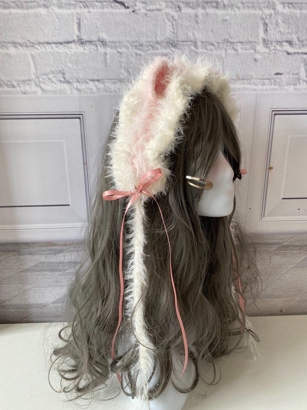 stellarPride Fluffy Pink Cat Ear Headband Handmade Knitted Cosplay