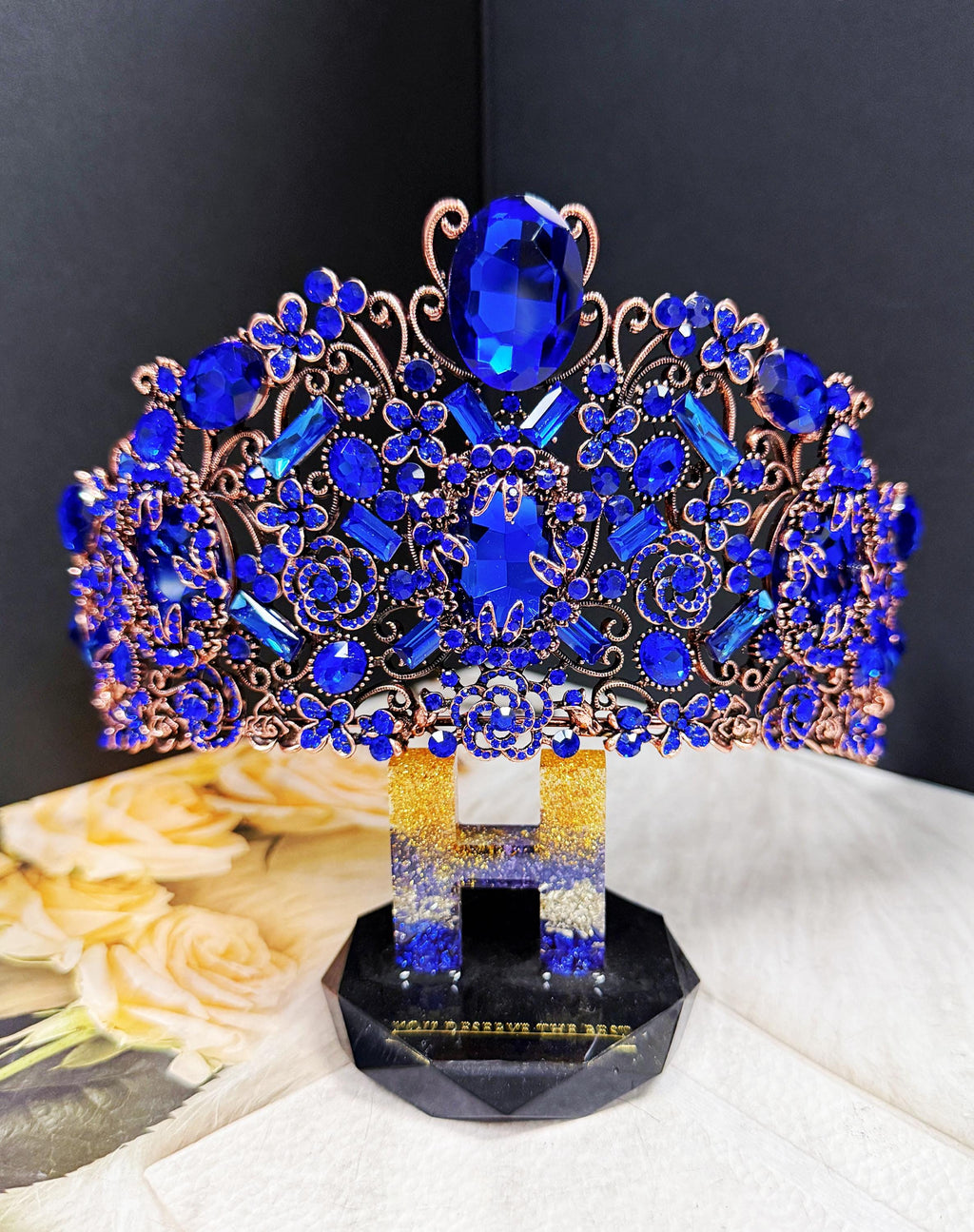 HappyJewelryWorld Handmade Sapphire Crystal Crown Victorian Bronze Copper Tiara