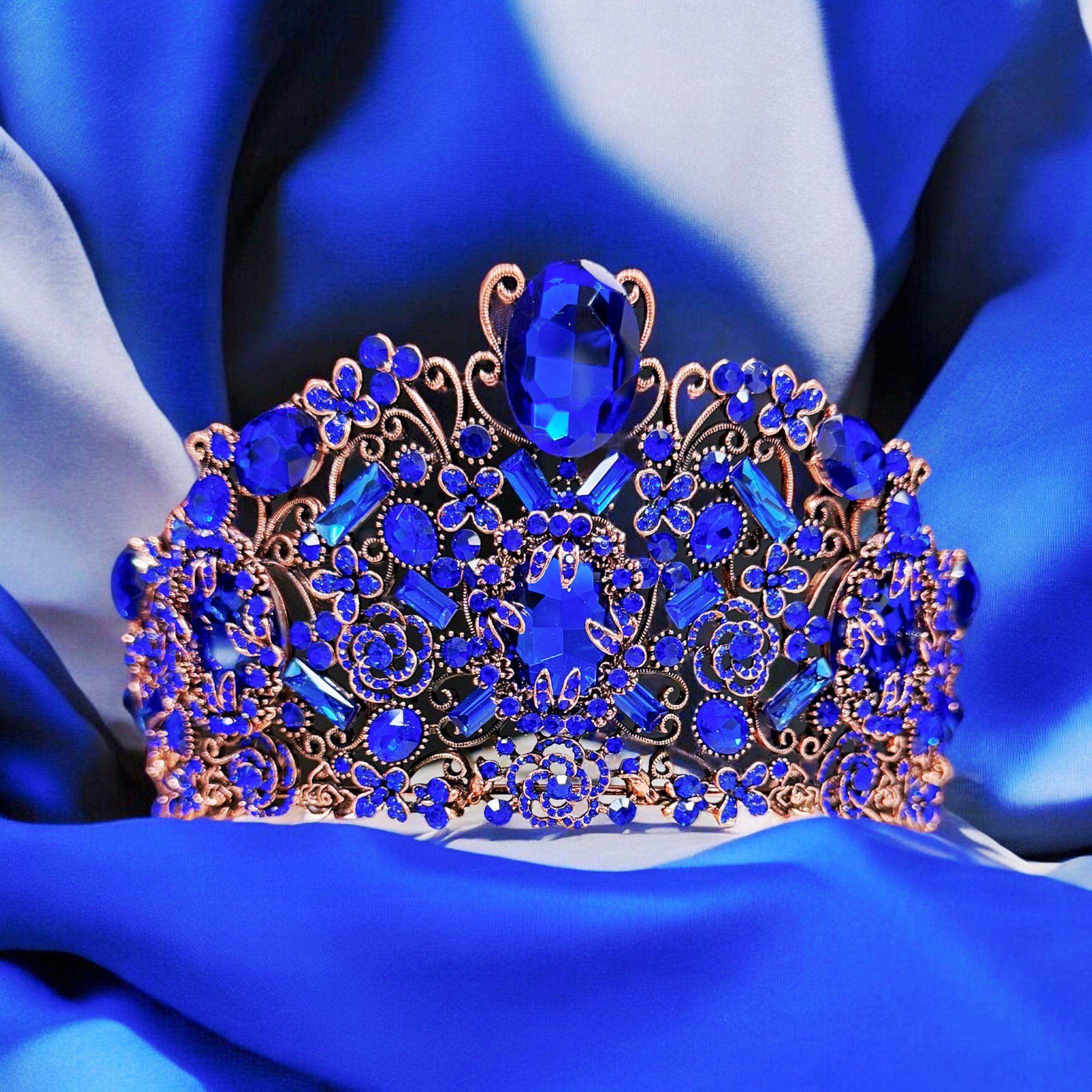 HappyJewelryWorld Handmade Sapphire Crystal Crown Victorian Bronze Copper Tiara