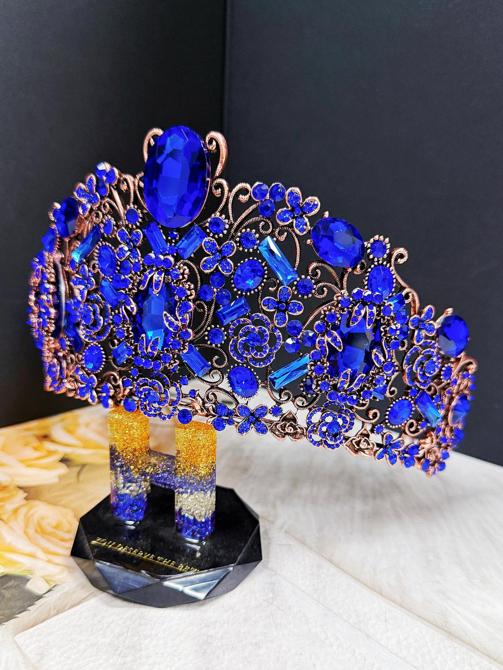 HappyJewelryWorld Handmade Sapphire Crystal Crown Victorian Bronze Copper Tiara