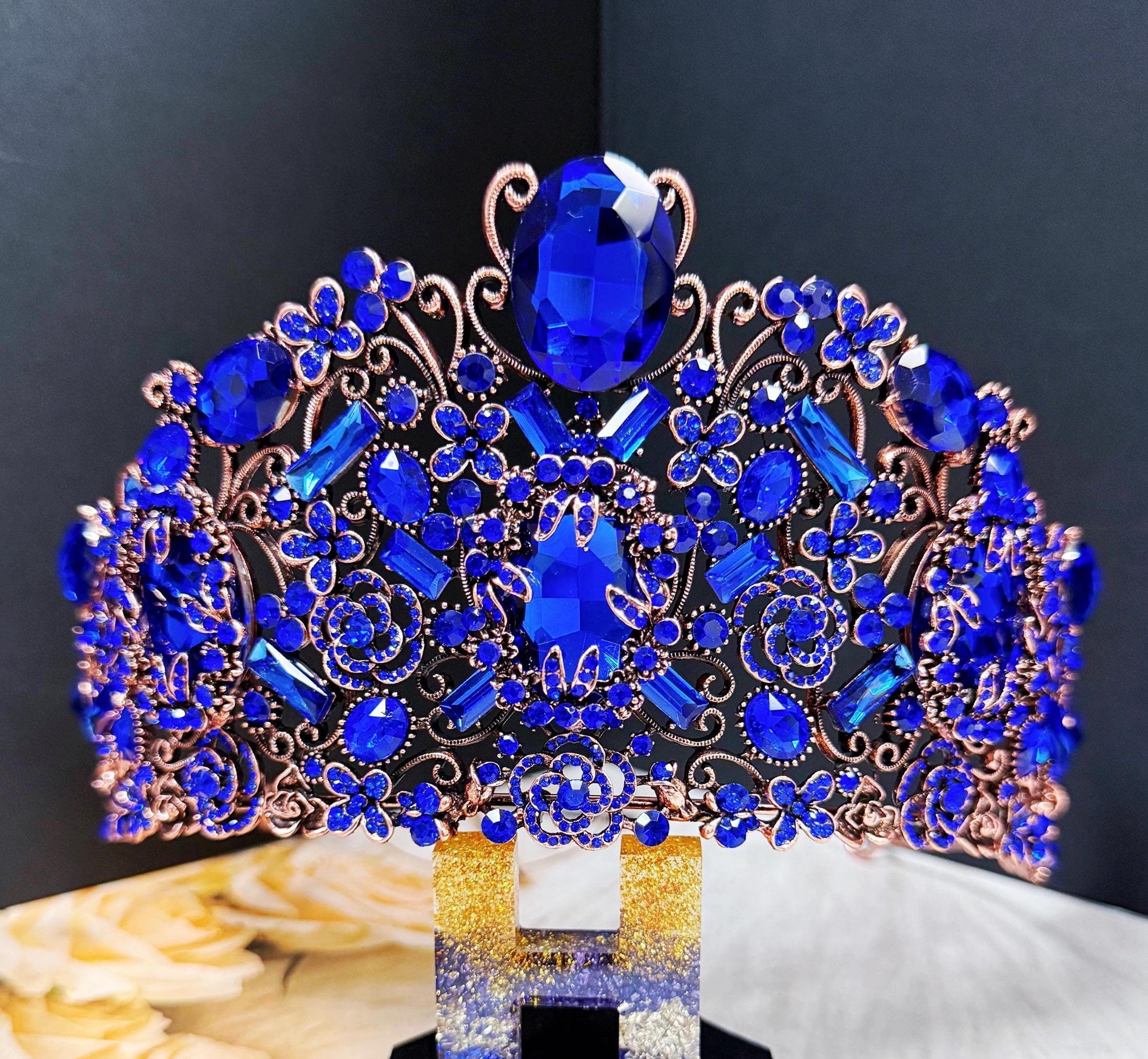 HappyJewelryWorld Handmade Sapphire Crystal Crown Victorian Bronze Copper Tiara