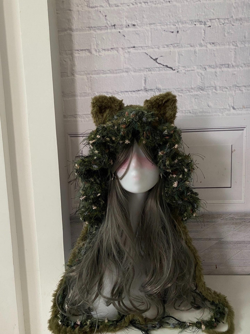 Handmade Moss Green Cat Ear Hood: Fuzzy Knit Fairycore Beanie