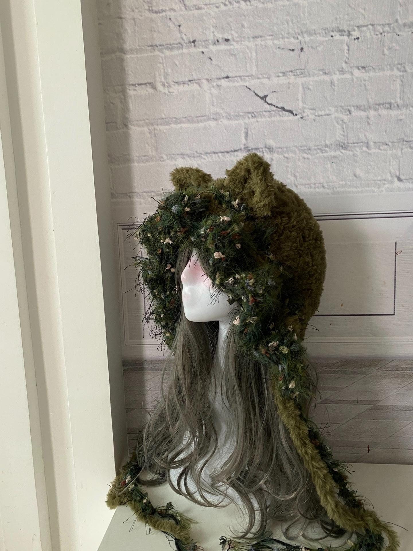 Handmade Moss Green Cat Ear Hood: Fuzzy Knit Fairycore Beanie