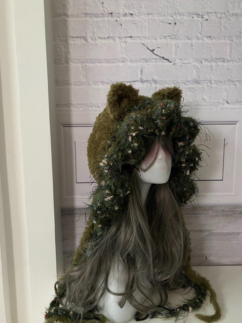 StellarPride Moss Green Cat Ear Hood Fuzzy Knit Fairycore Beanie