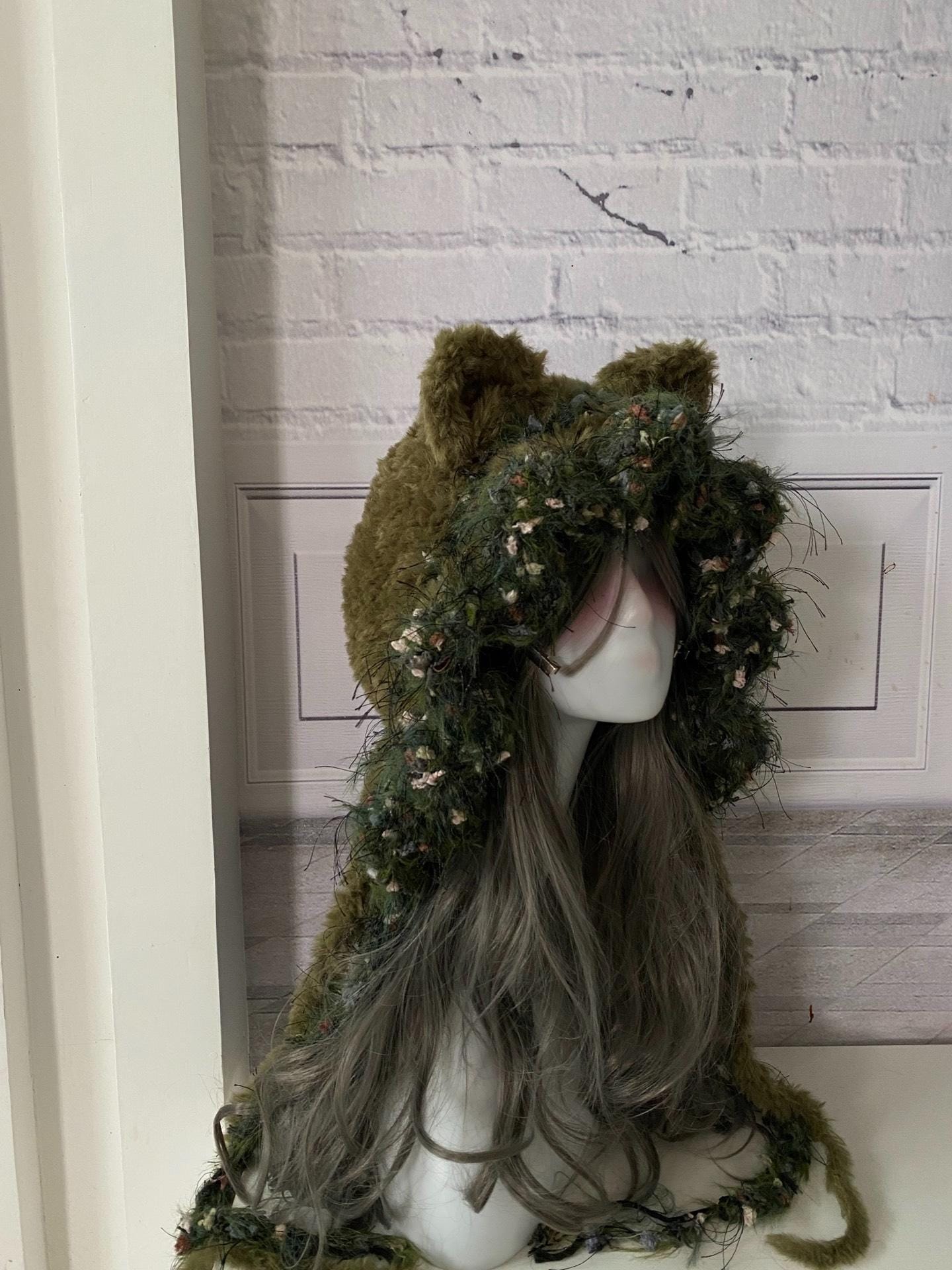 StellarPride Moss Green Cat Ear Hood Fuzzy Knit Fairycore Beanie
