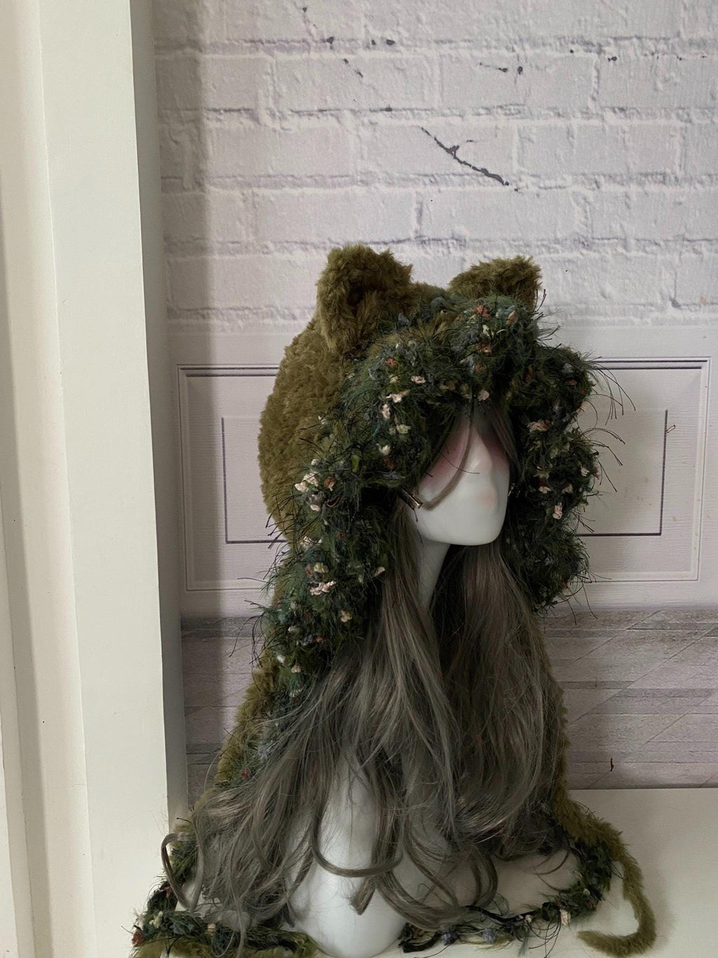 Handmade Moss Green Cat Ear Hood: Fuzzy Knit Fairycore Beanie