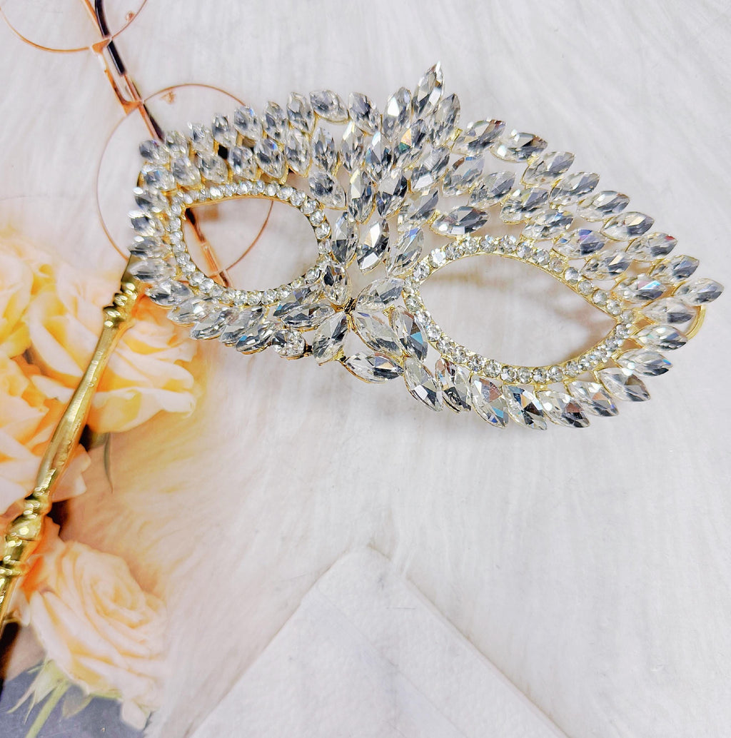 HappyJewelryWorld Crystal Masquerade Mask on Stick Gold Venetian Ball Mask
