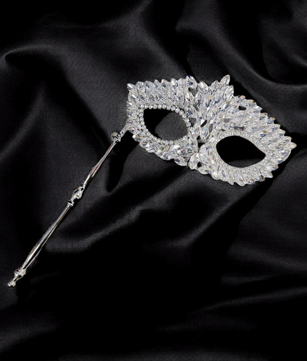 HappyJewelryWorld Crystal Masquerade Mask on Stick Silver Rhinestone