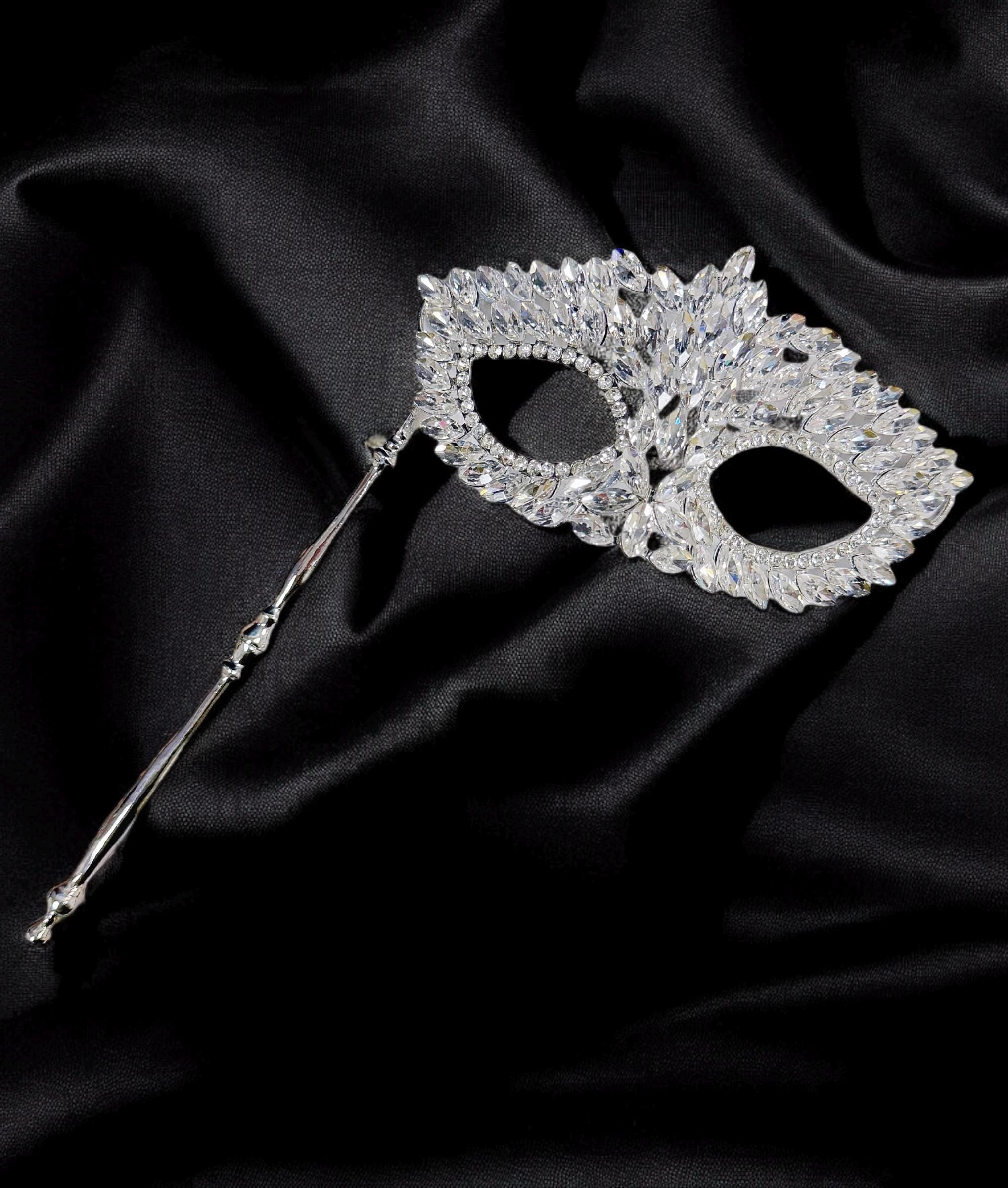 HappyJewelryWorld Crystal Masquerade Mask on Stick Silver Rhinestone