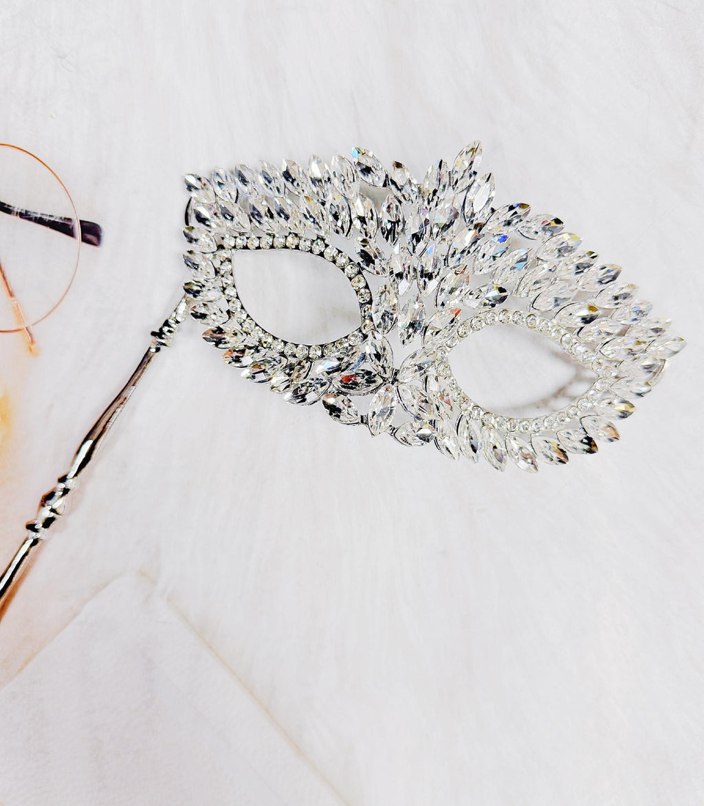 HappyJewelryWorld Crystal Masquerade Mask on Stick Silver Rhinestone