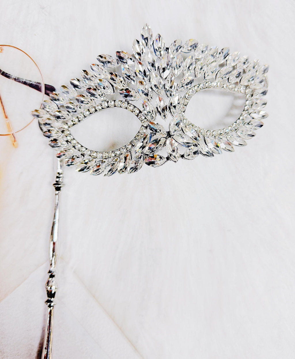 HappyJewelryWorld Crystal Masquerade Mask on Stick Silver Rhinestone