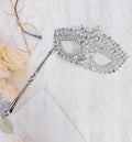 HappyJewelryWorld Crystal Masquerade Mask on Stick Silver Rhinestone