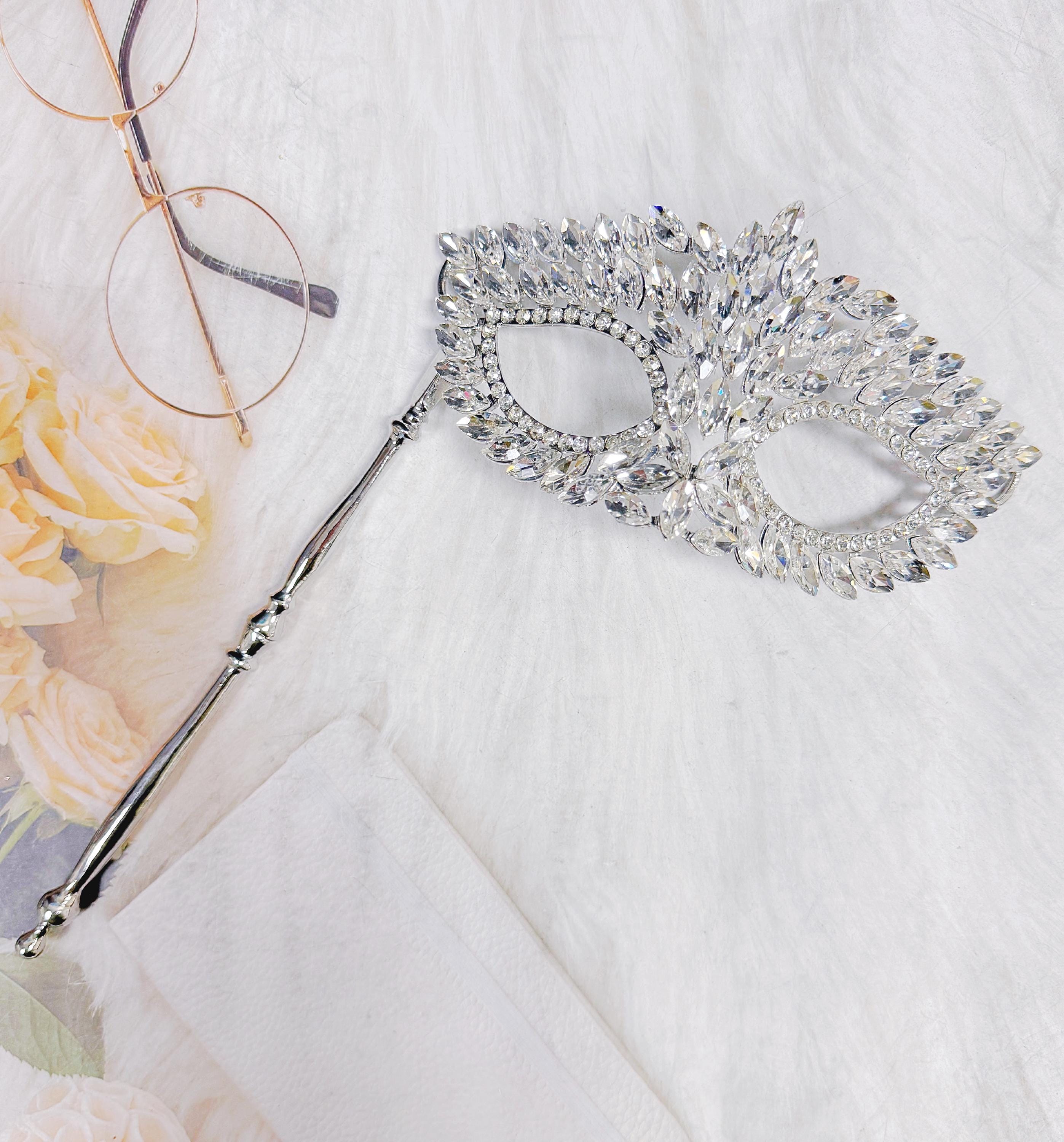 HappyJewelryWorld Crystal Masquerade Mask on Stick Silver Rhinestone