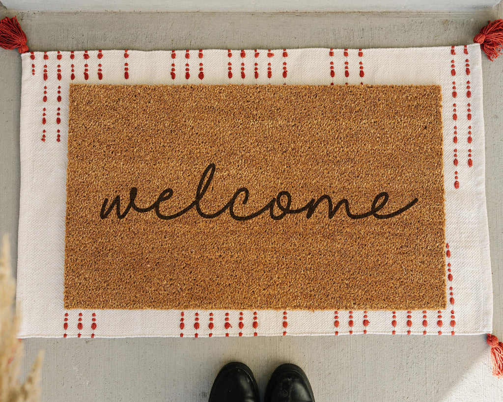 Cursive Welcome Doormat: Natural Coir Front Porch Decor