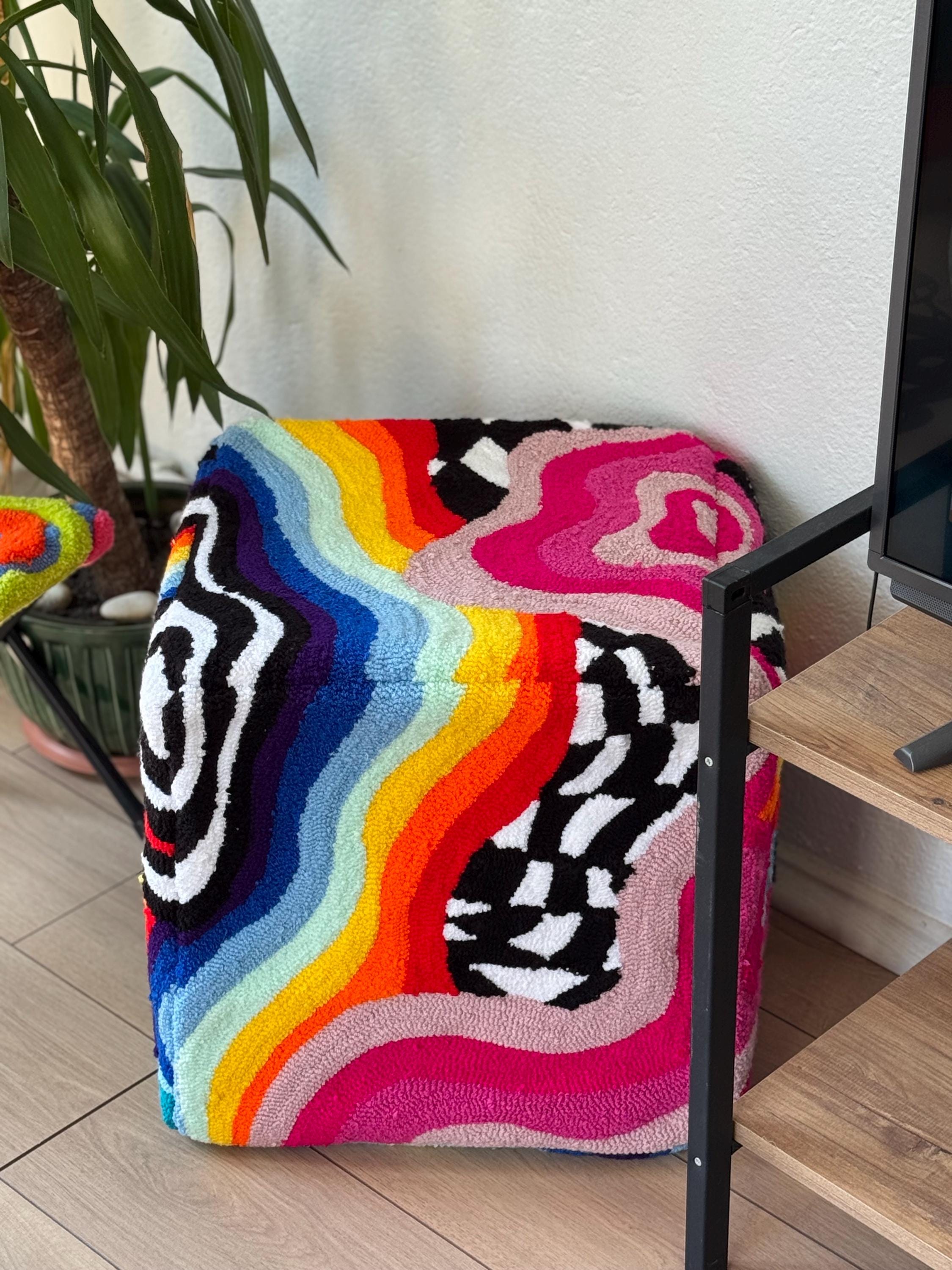 OrnnWorks Rainbow Checkered Psychedelic Tufted Ottoman Pouf Cover