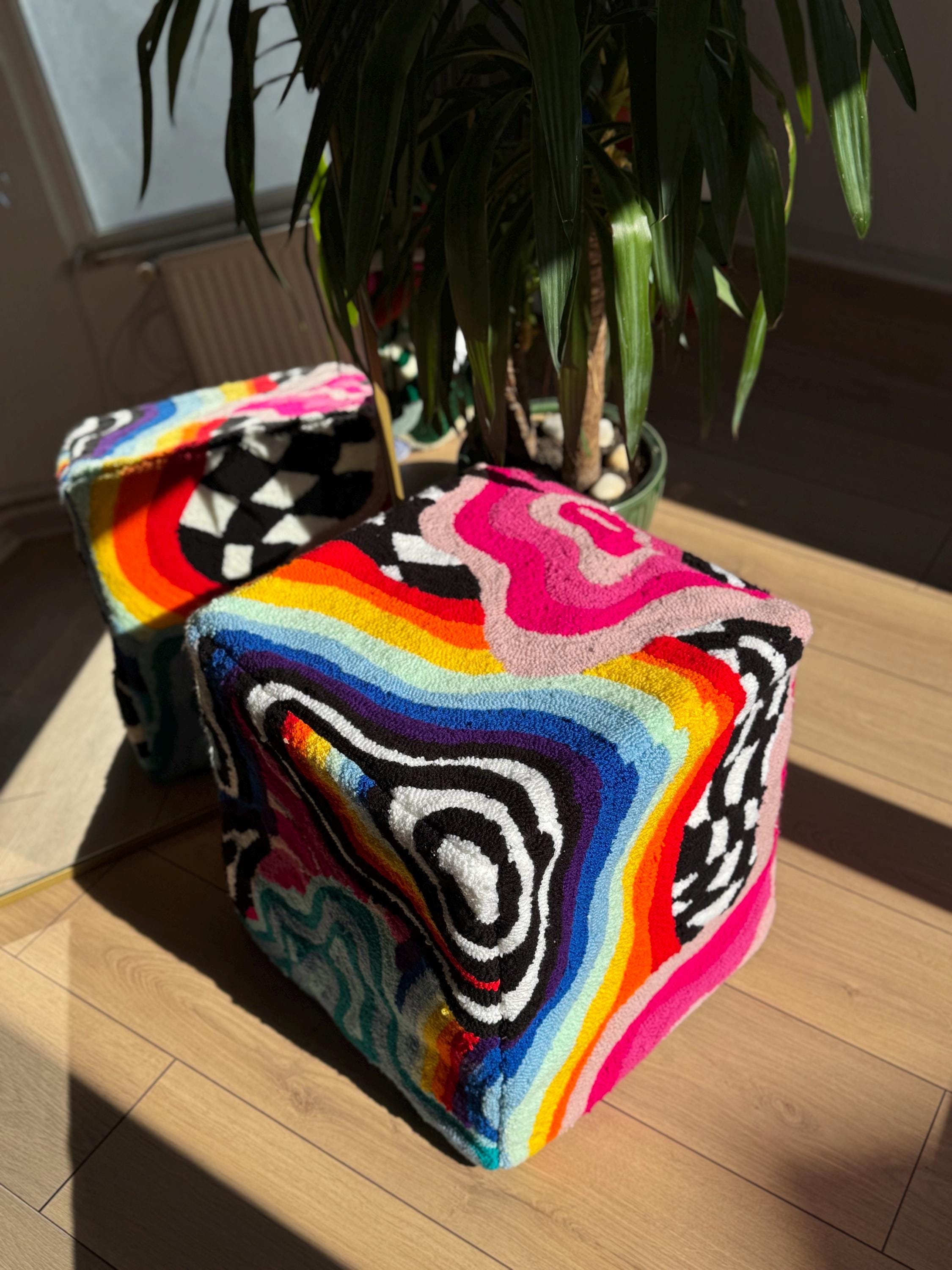 OrnnWorks Rainbow Checkered Psychedelic Tufted Ottoman Pouf Cover