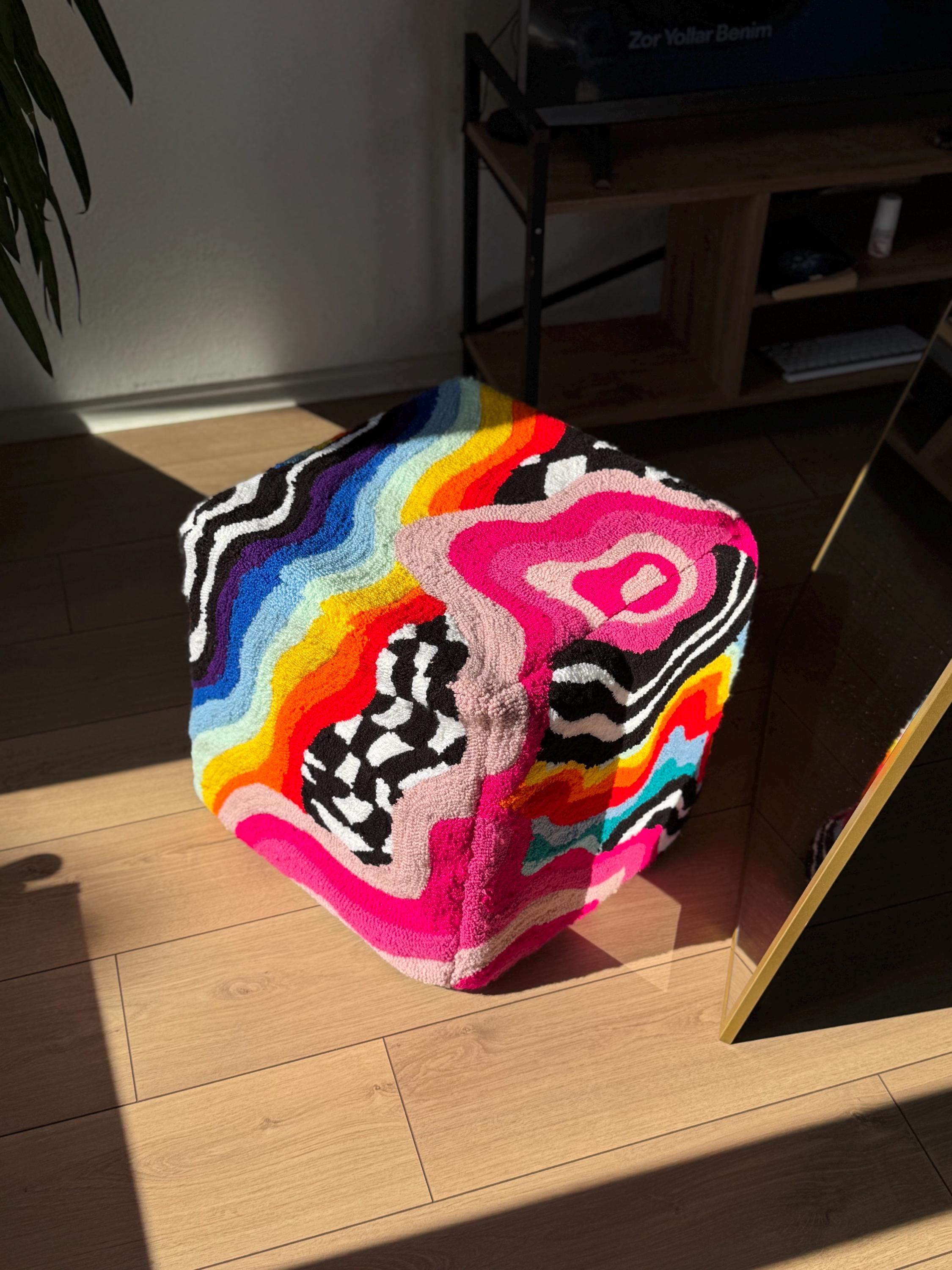 OrnnWorks Rainbow Checkered Psychedelic Tufted Ottoman Pouf Cover