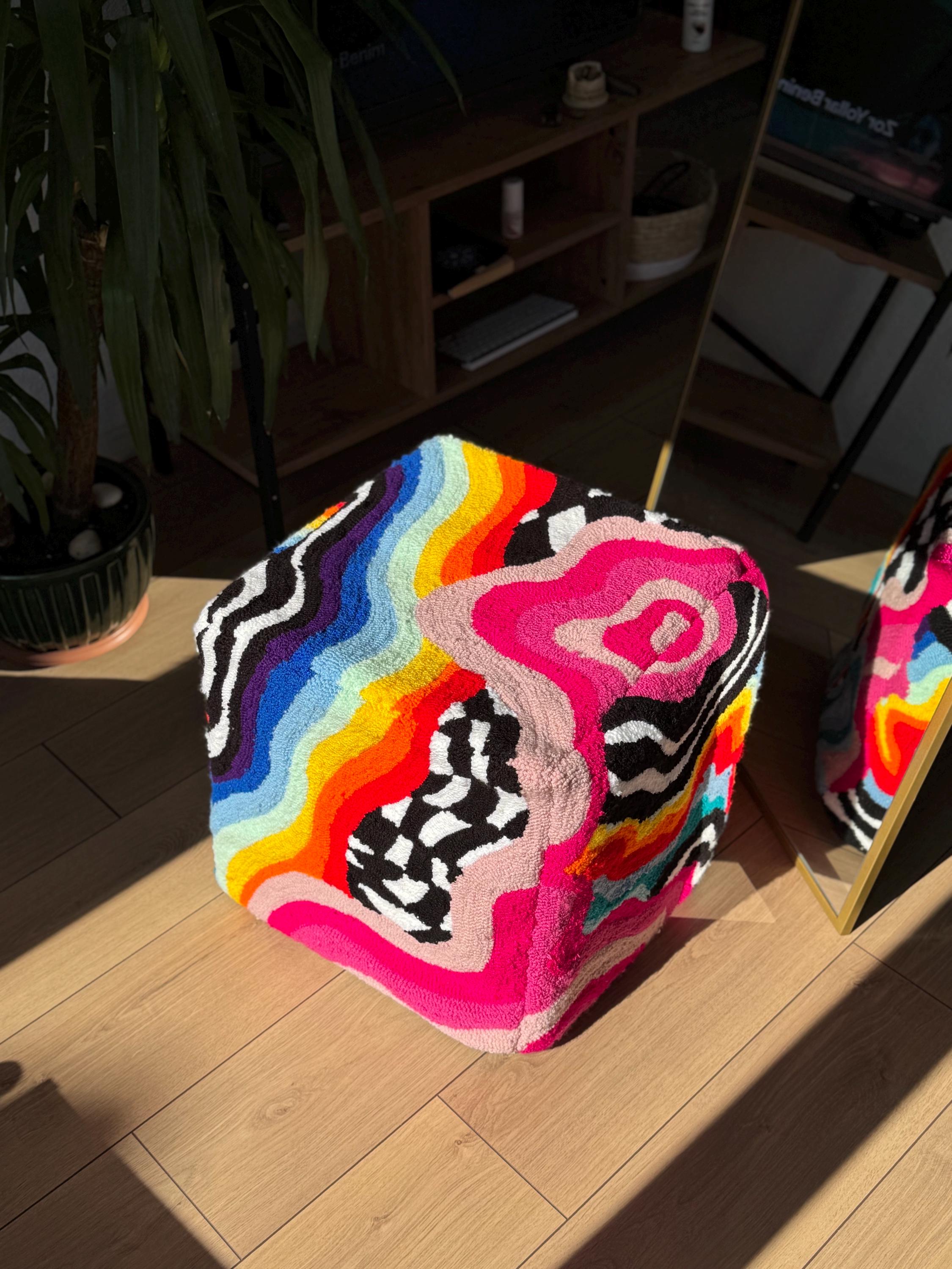 OrnnWorks Rainbow Checkered Psychedelic Tufted Ottoman Pouf Cover
