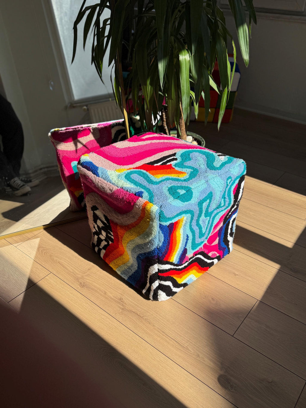 OrnnWorks Rainbow Checkered Psychedelic Tufted Ottoman Pouf Cover