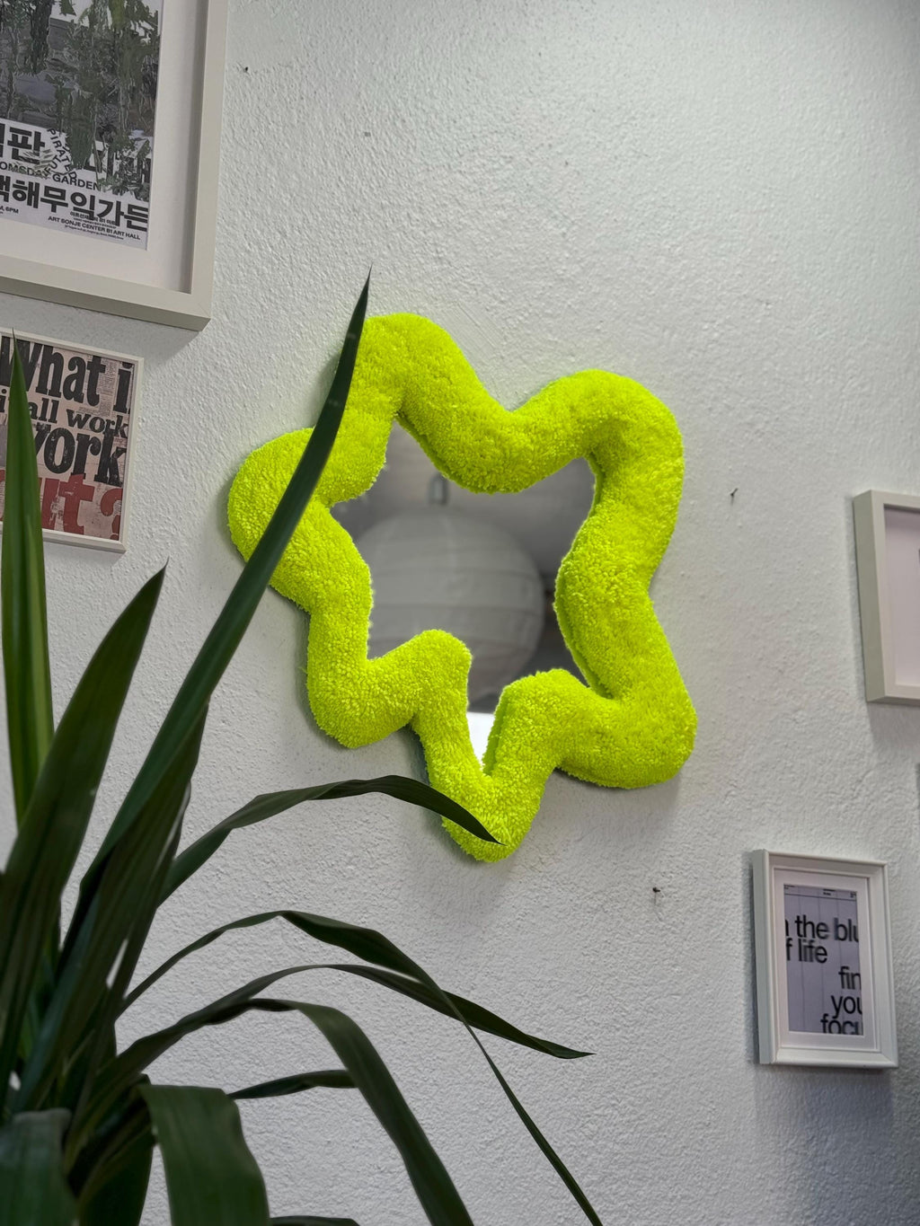 OrnnWorks Abstract Yellow Neon Tufted Mirror Handmade Fluffy Wall Decor 55cm