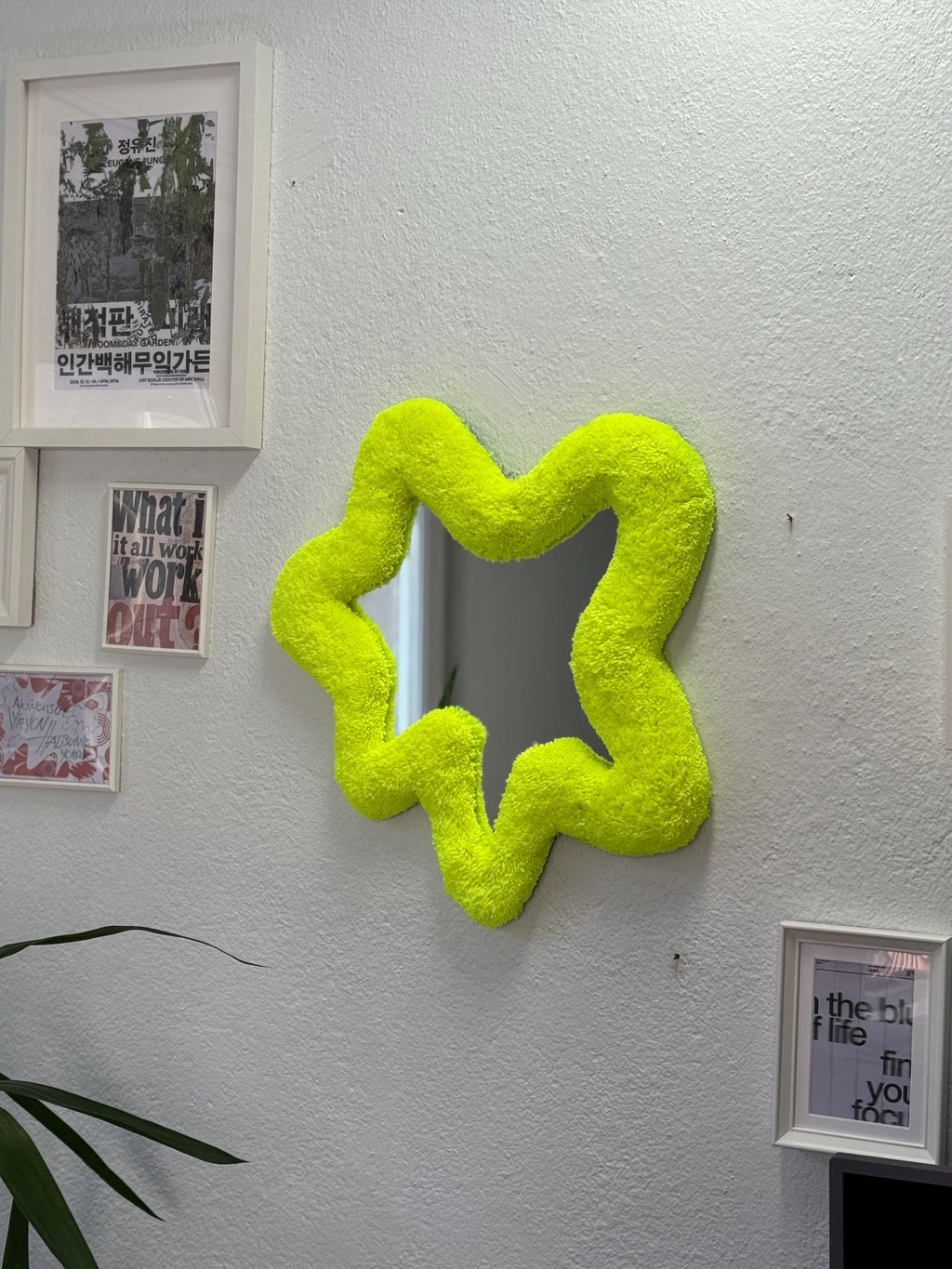 OrnnWorks Abstract Yellow Neon Tufted Mirror Handmade Fluffy Wall Decor 55cm