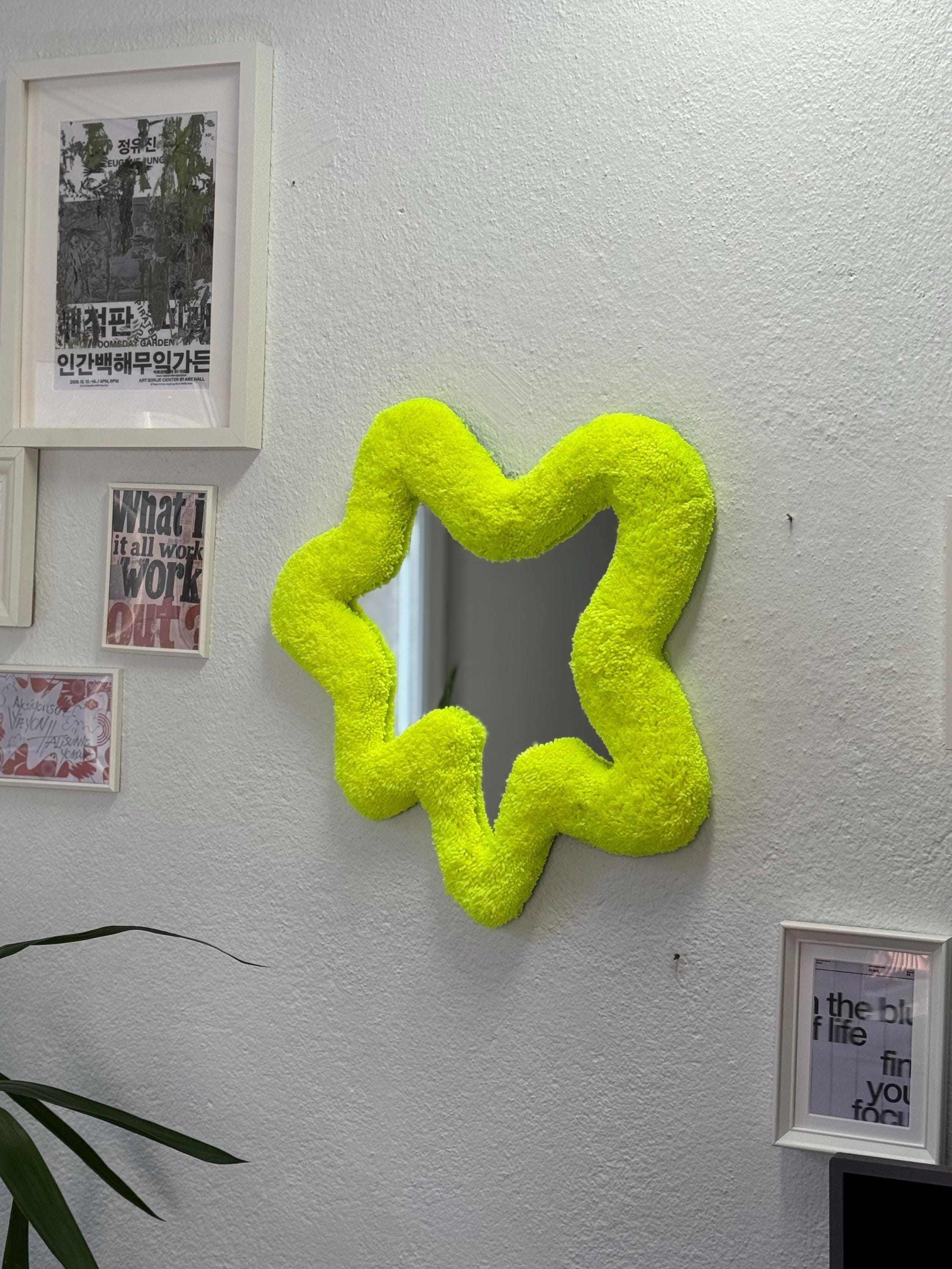 OrnnWorks Abstract Yellow Neon Tufted Mirror Handmade Fluffy Wall Decor 55cm