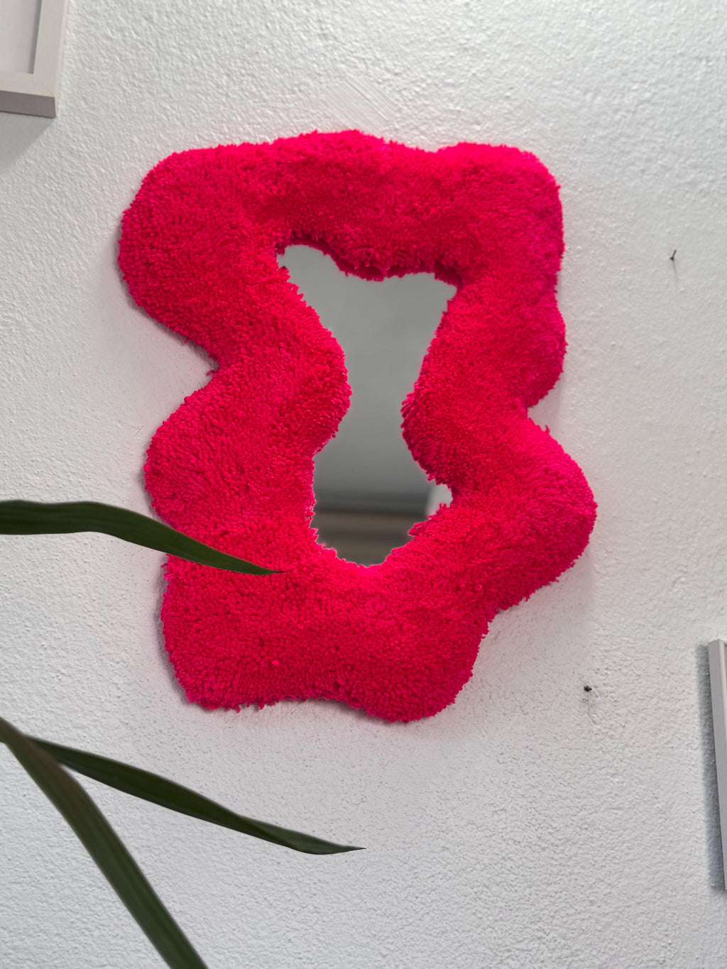 OrnnWorks Abstract Neon Pink Tufted Wall Mirror Fluffy Fiber Art