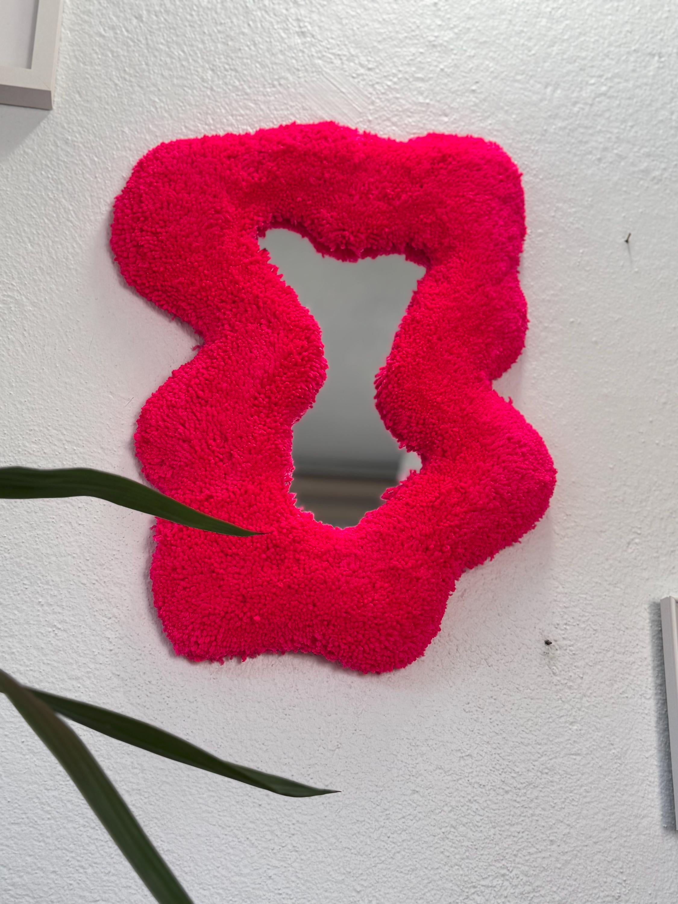 OrnnWorks Abstract Neon Pink Tufted Wall Mirror Fluffy Fiber Art