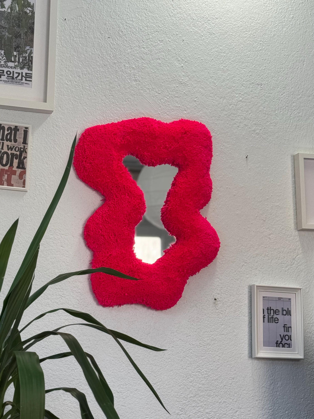 OrnnWorks Abstract Neon Pink Tufted Wall Mirror Fluffy Fiber Art