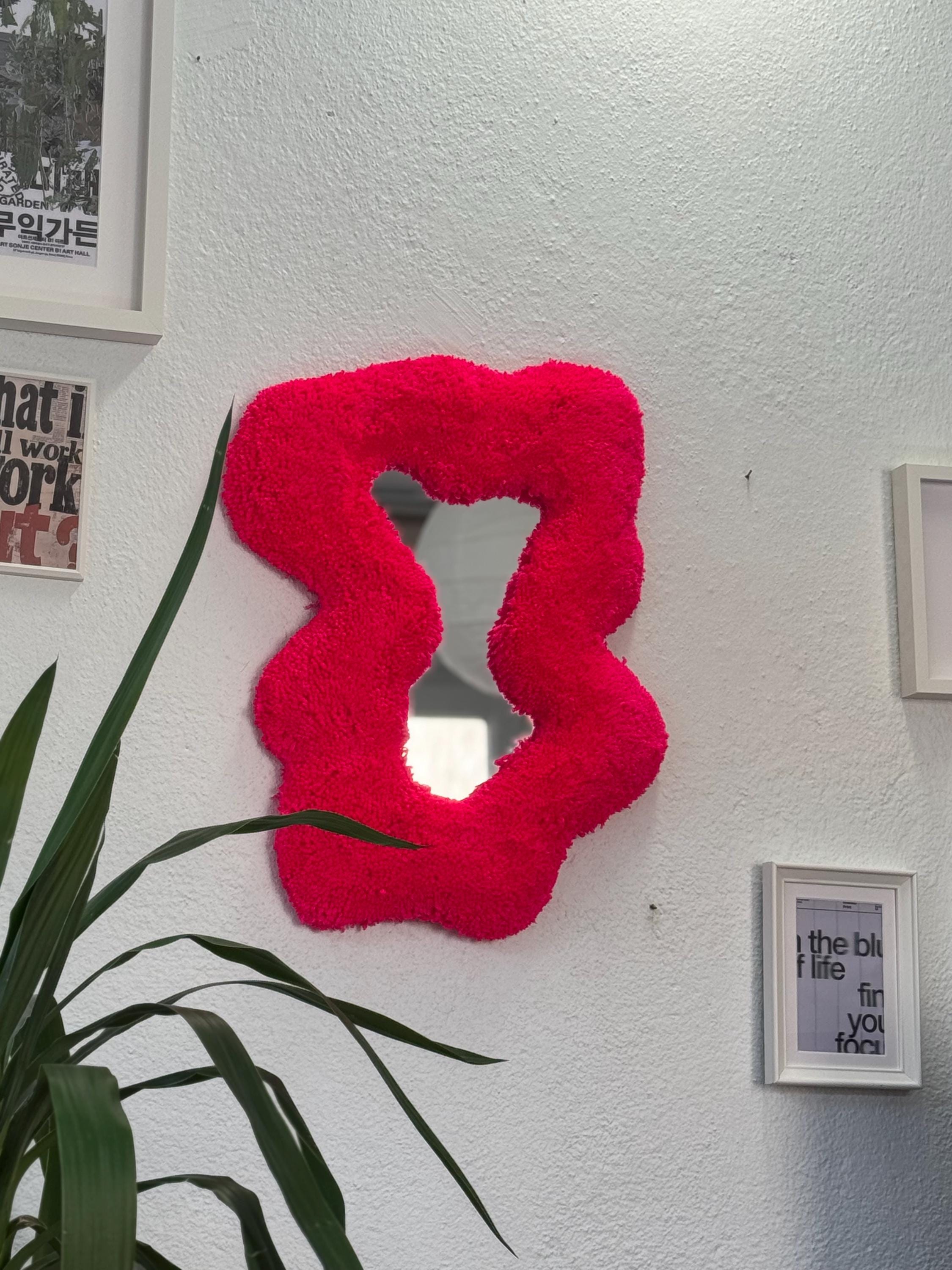 OrnnWorks Abstract Neon Pink Tufted Wall Mirror Fluffy Fiber Art