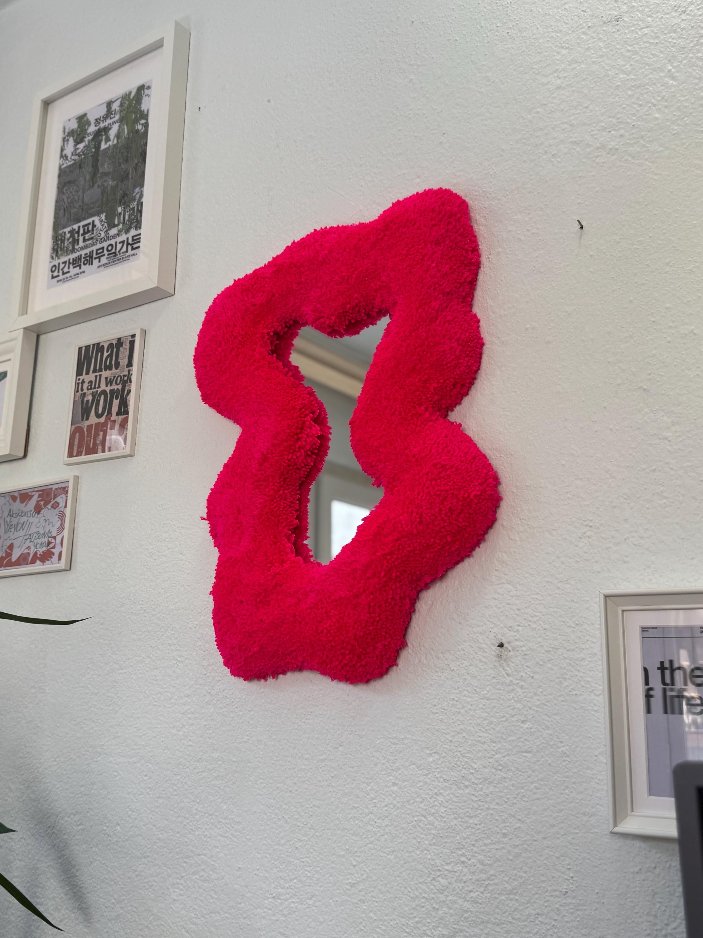 OrnnWorks Abstract Neon Pink Tufted Wall Mirror Fluffy Fiber Art