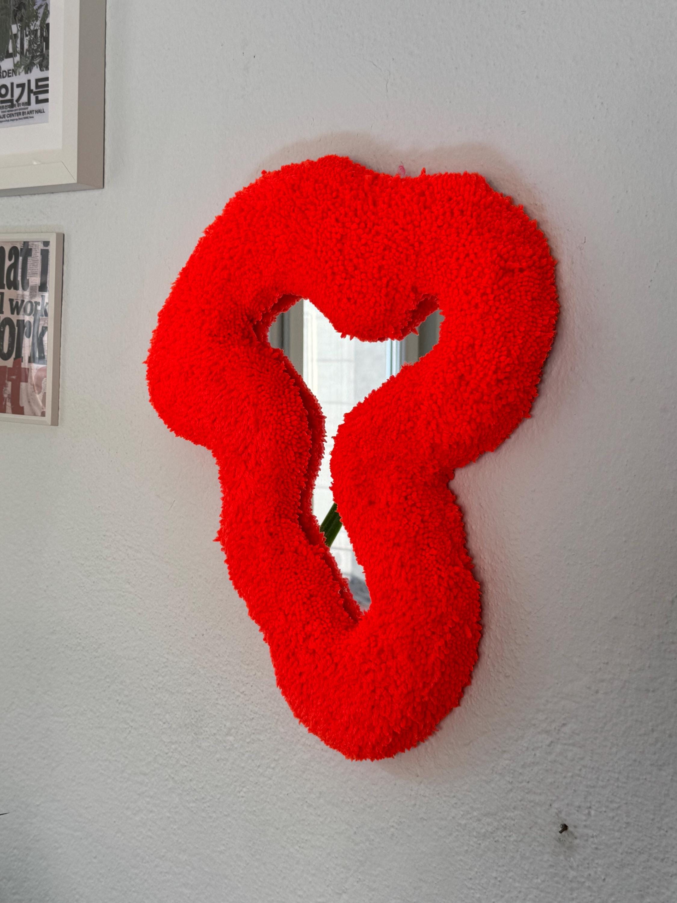 OrnnWorks Abstract Orange Neon Tufted Wall Mirror Handmade Fiber Art