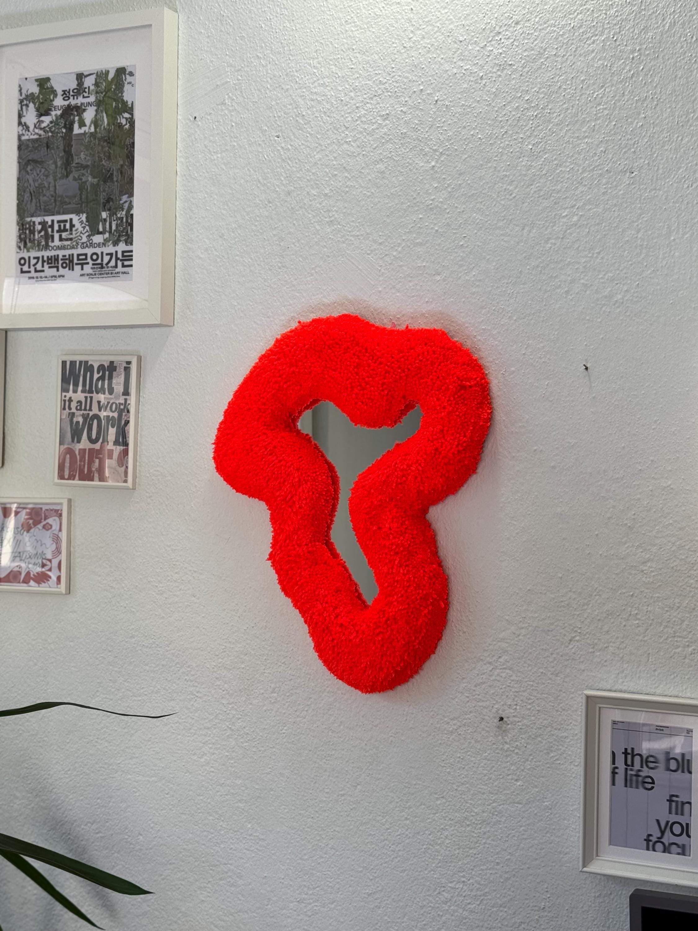 OrnnWorks Abstract Orange Neon Tufted Wall Mirror Handmade Fiber Art