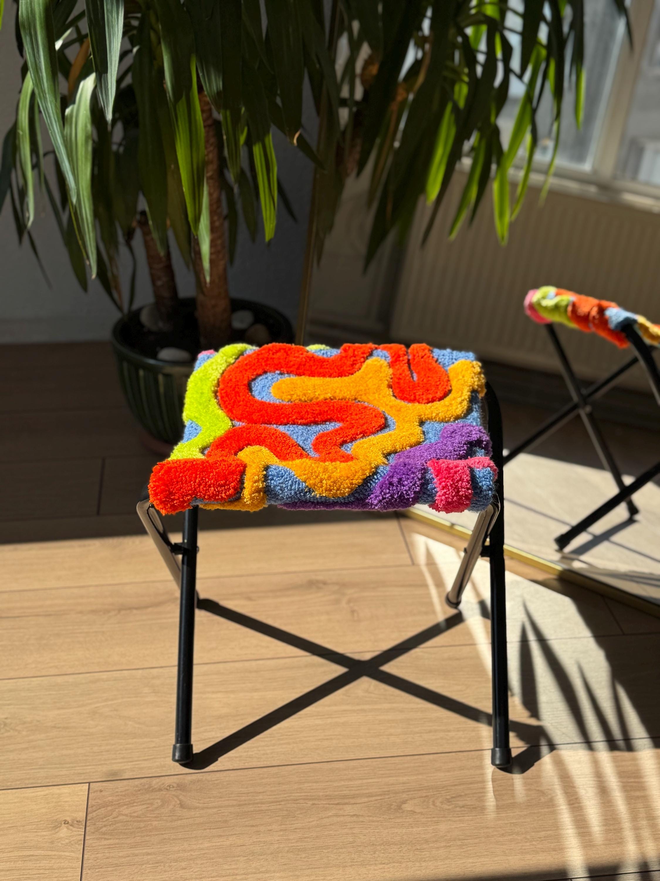 OrnnWorks Wavy Colorful 3D Fluffy Tufted Stool 15.8in