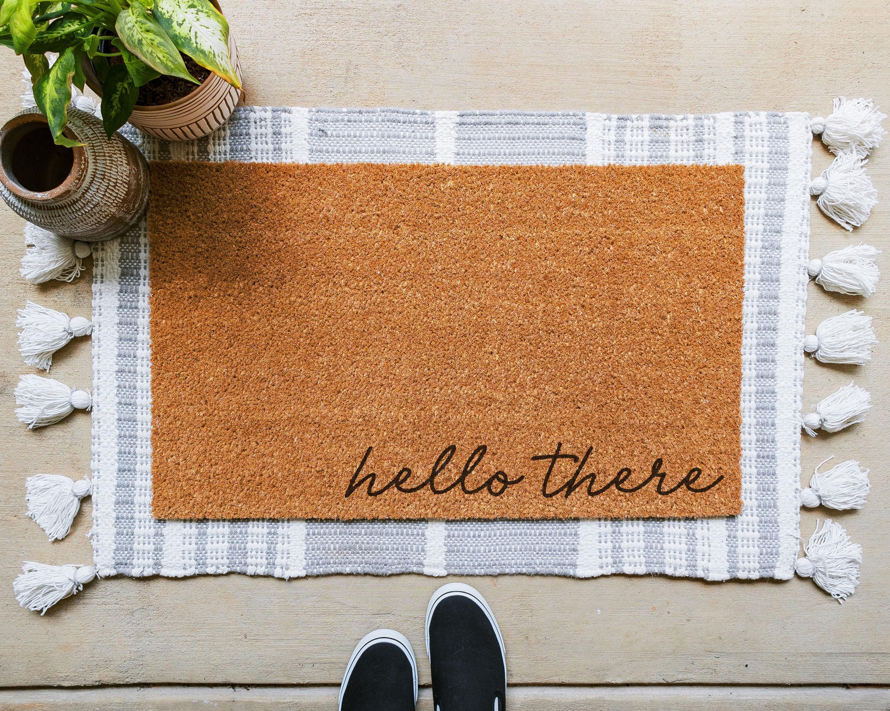Hello There Natural Coir Doormat with Slip-Resistant Rubber Backing