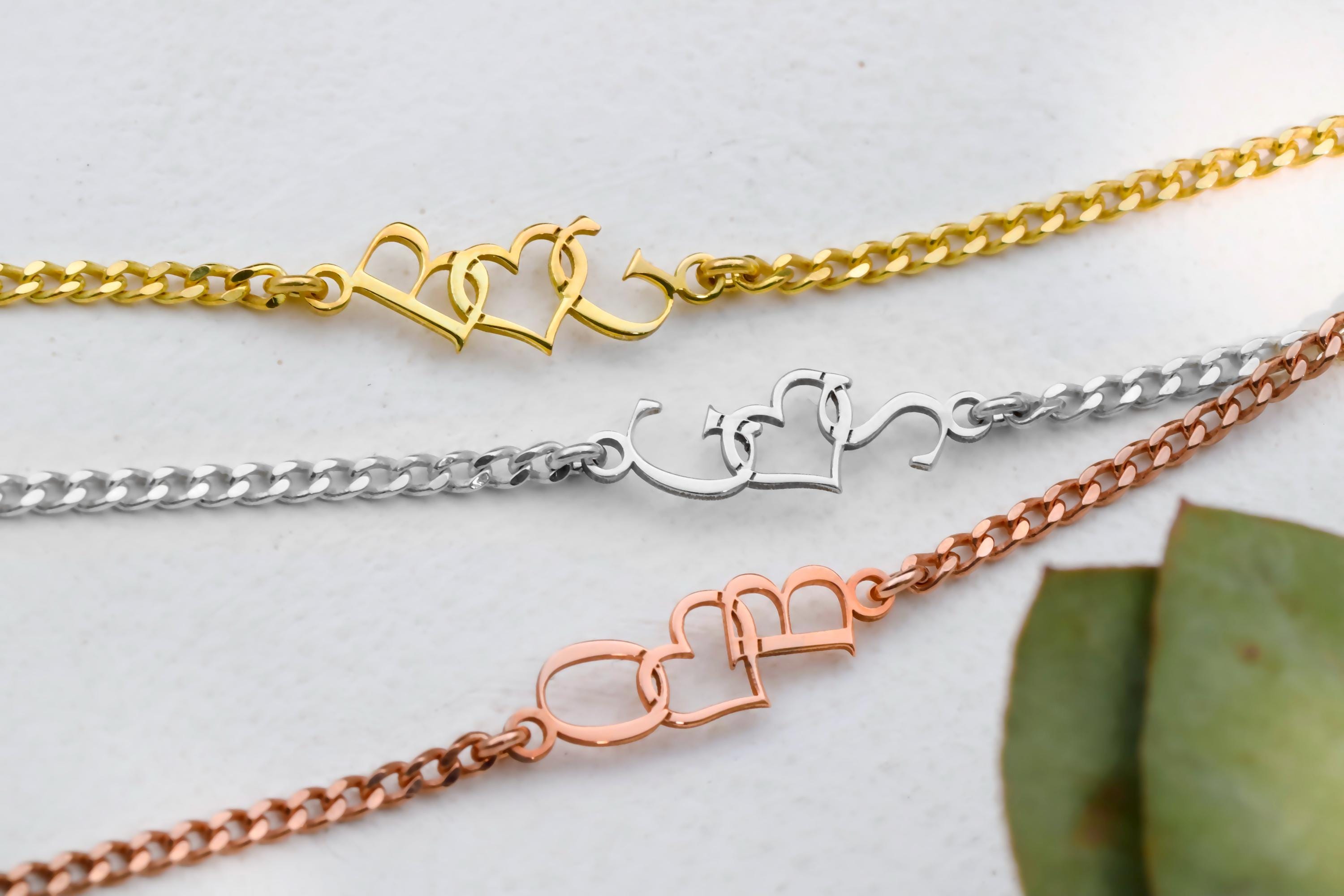 SilverGoldandRose Dainty Intertwined Initials Heart Bracelet Sterling Silver