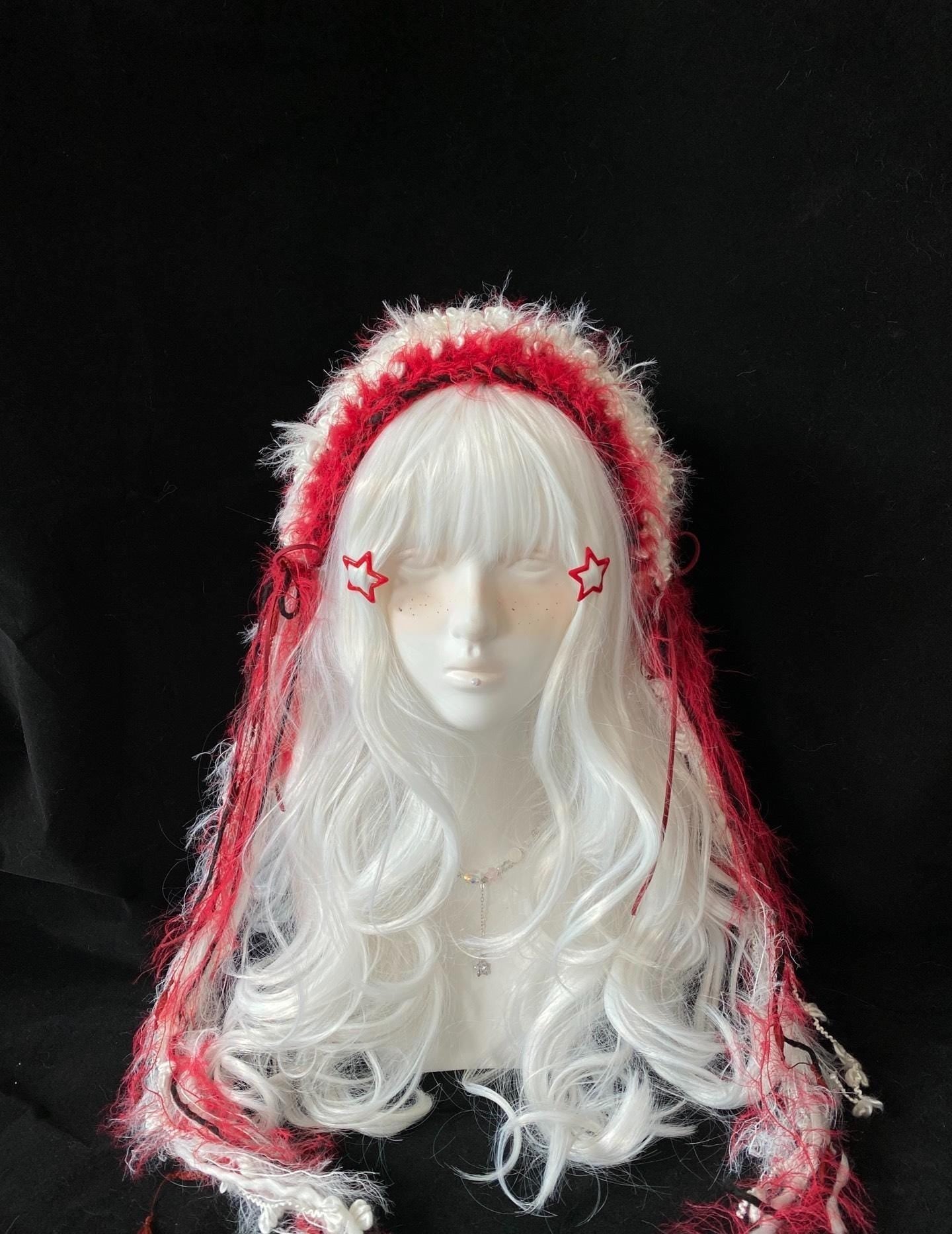 stellarPride Handmade Red Pearl Lolita Headband, Fluffy Lace Headdress