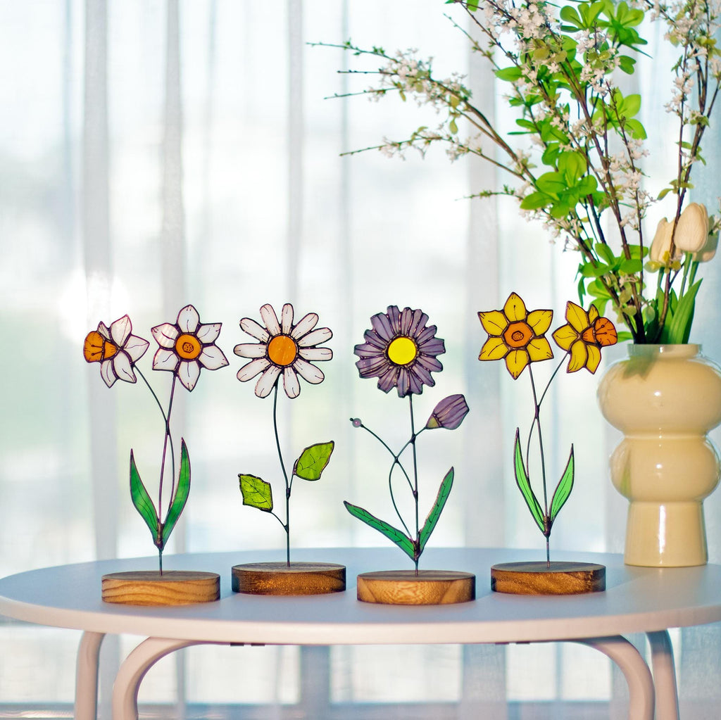 RainLine Custom Birth Flower Stained Glass Suncatcher with Wooden Base